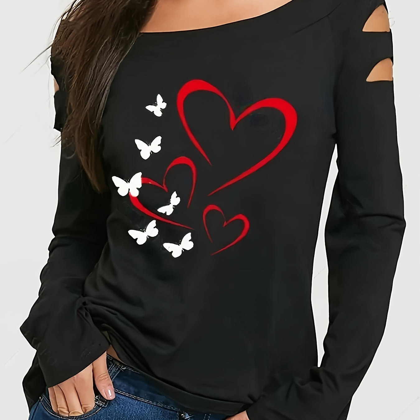 

Y2k-inspired & Heart Print Long Sleeve T-shirt With Cutout Shoulders - Breathable Polyester, Machine Washable - Spring/summer