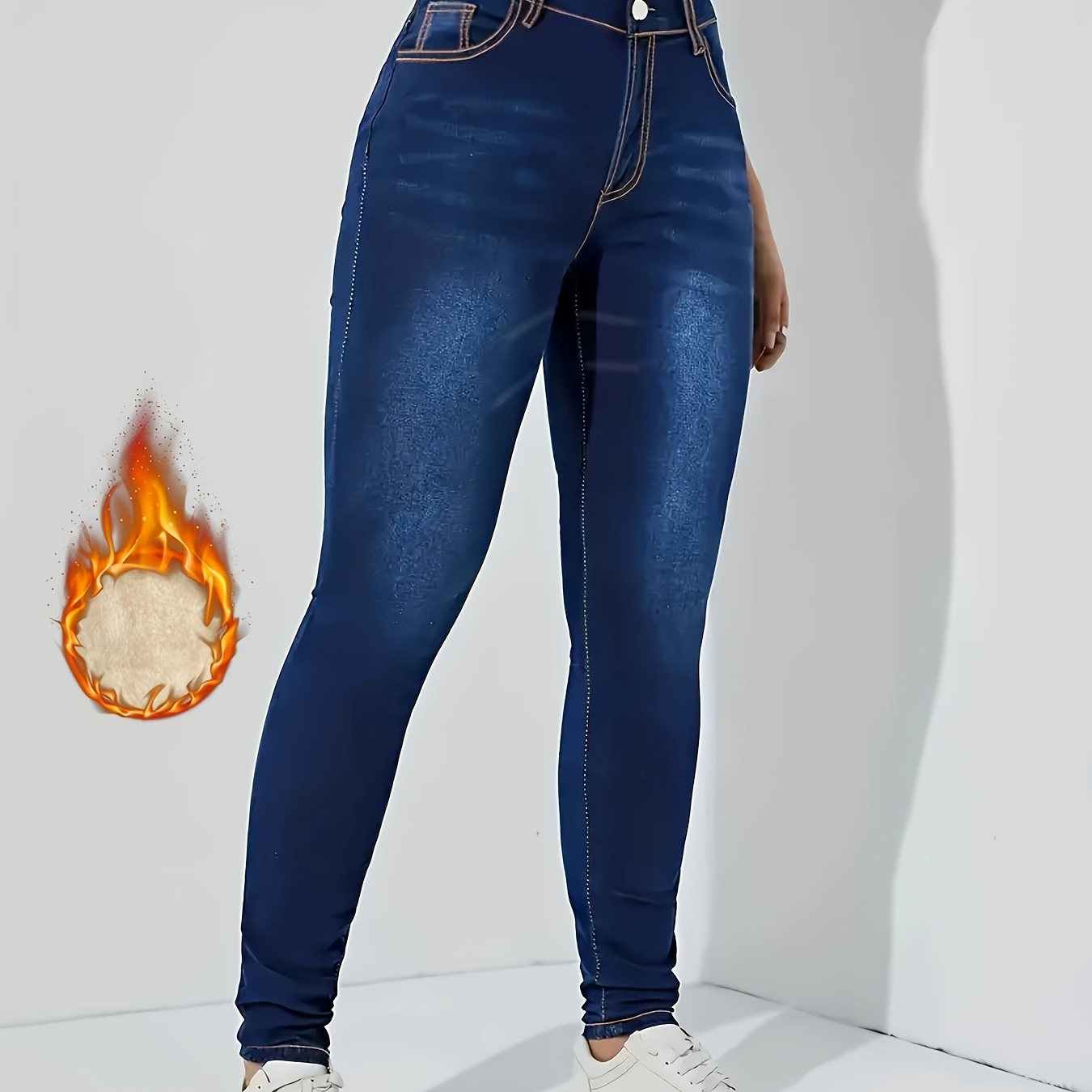 Fleece Liner Casual Skinny Jeans High Stretch Slant Pockets - Temu