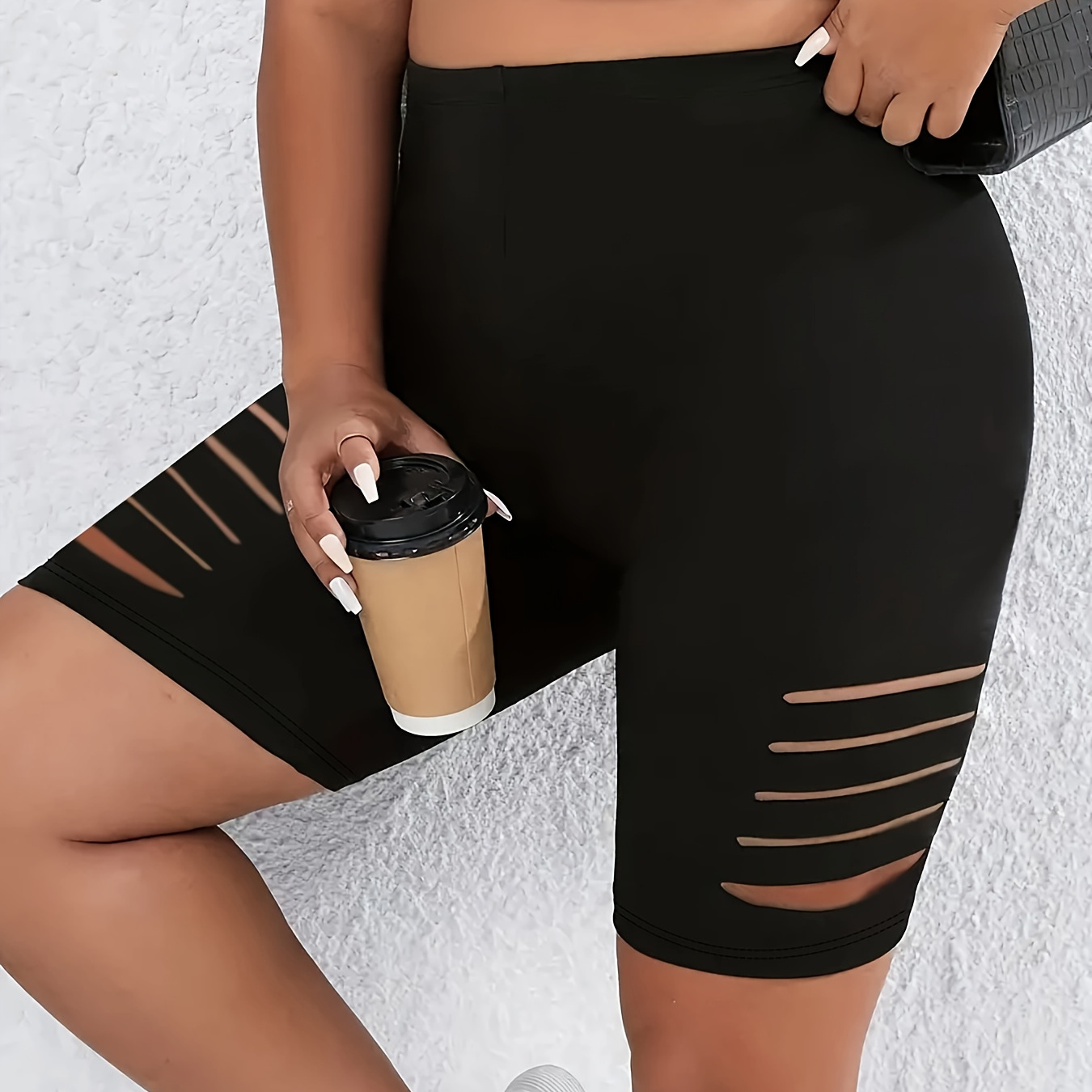 

Plus Size Casual Shorts, Women's Plus Cut Out Skinny Fit High Stretch Biker Shorts