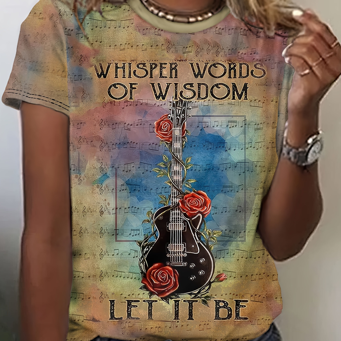 

Guitar & Rose Print Crew Neck T-shirt, Casual Short Sleeve T-shirt For Spring & Summer, Women's Clothing