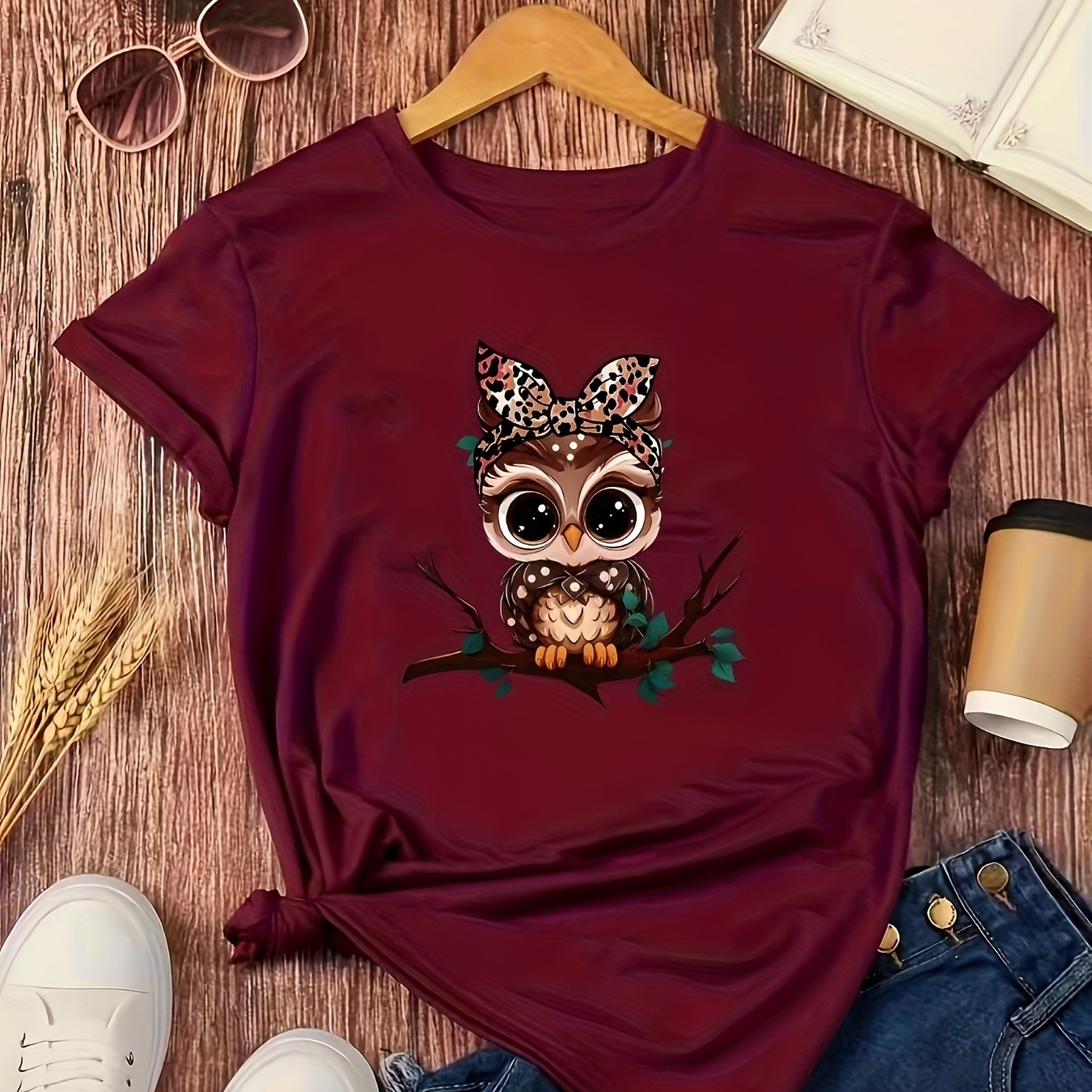 

Cartoon Owl Print Crew Neck T-shirt, Short Sleeve Casual Top For Spring & Summer, Women's Clothing