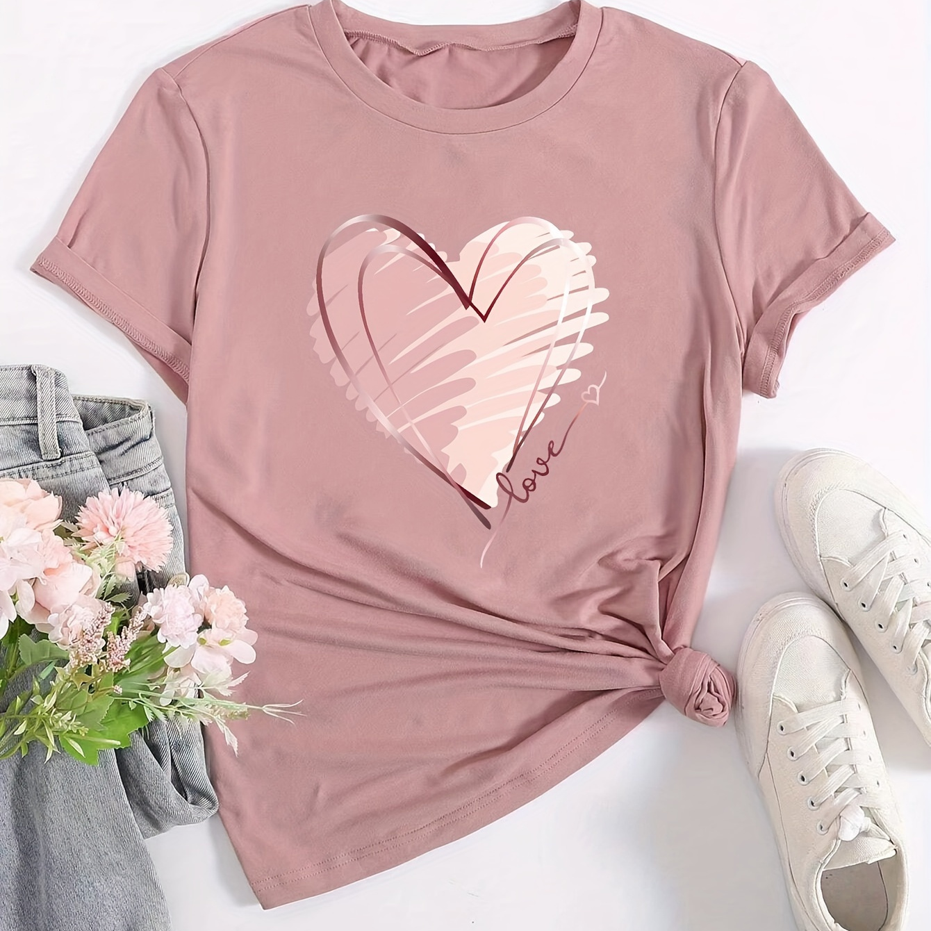 

Heart Neck T-shirt, Short Sleeve Casual Top For , Women's Clothing