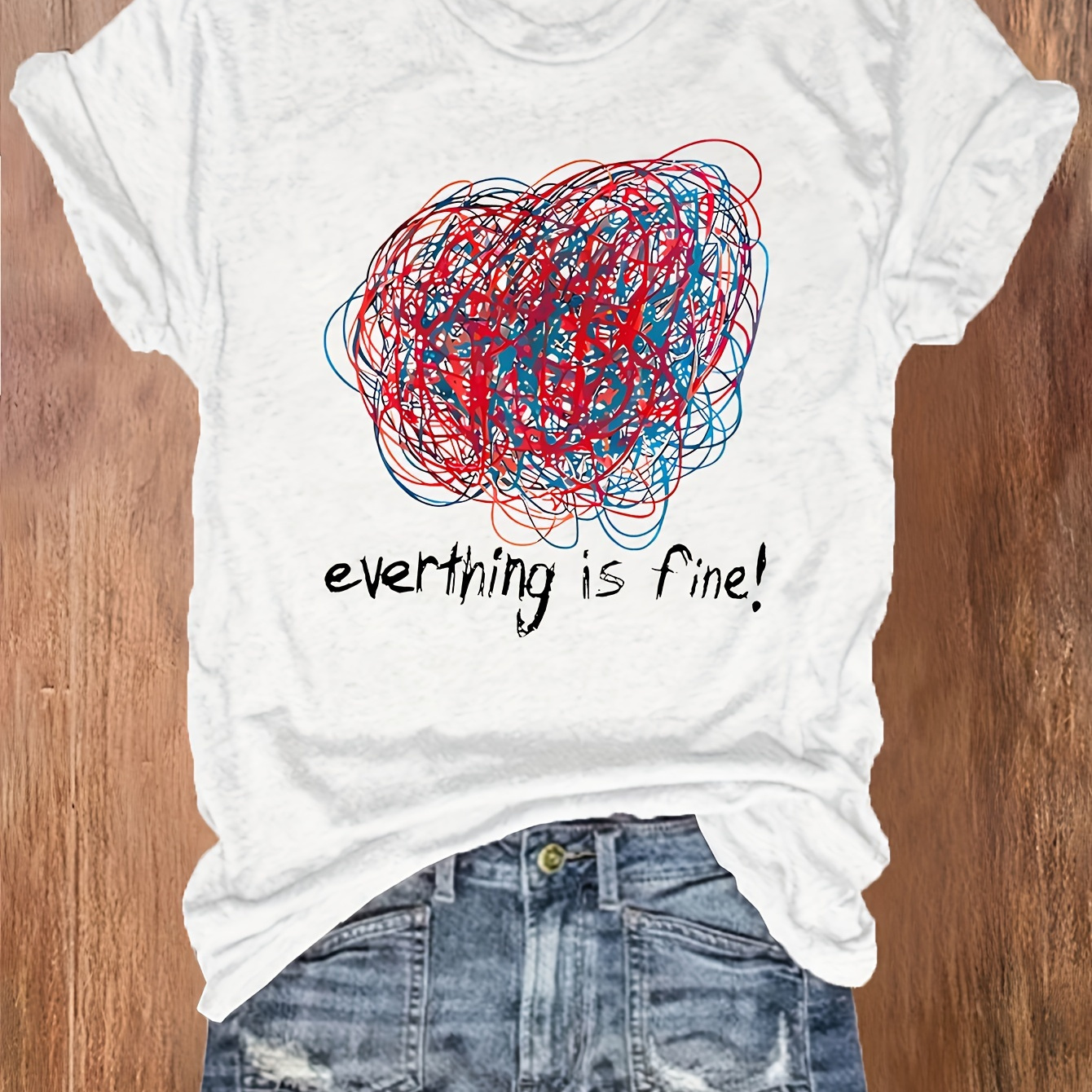 

Is Fine! T-shirt - Casual Crew Neck Polyester Knit Fabric Tee - Regular Length Summer Top With Drawing Pattern For Men And Women