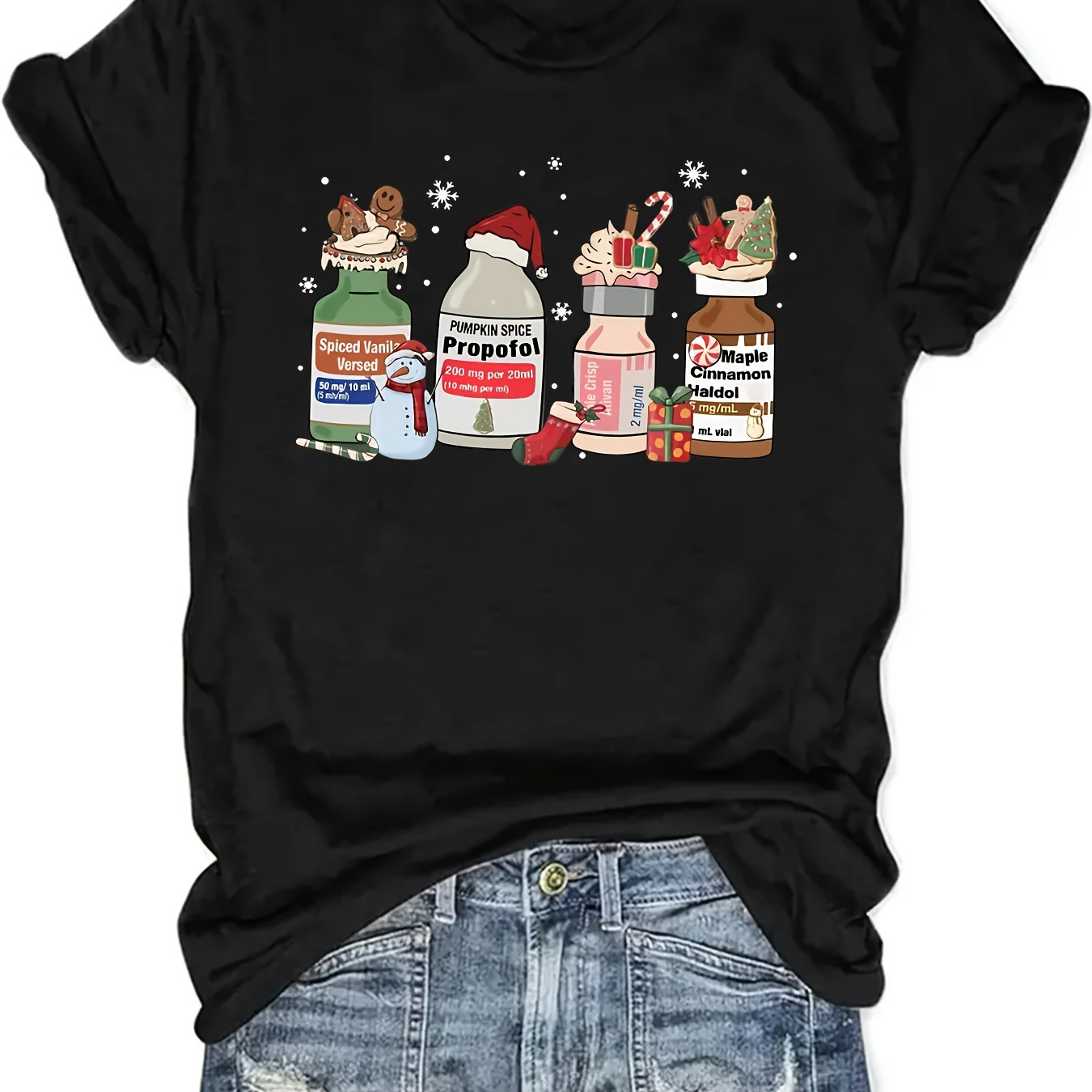 

1pc Women's Christmas Graphic T-shirt - Polyester 60%, Rayon 35%, Spandex 5% - Crew Neck, Short Sleeve, Casual Top With Slight Stretch - All Pullover