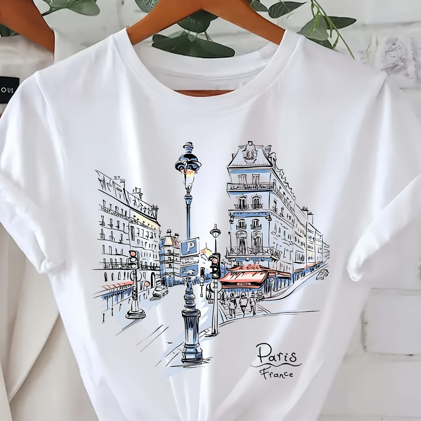 

Paris Road Print T-shirt, Short Sleeve Crew Neck Casual Top For Summer & Spring, Women's Clothing