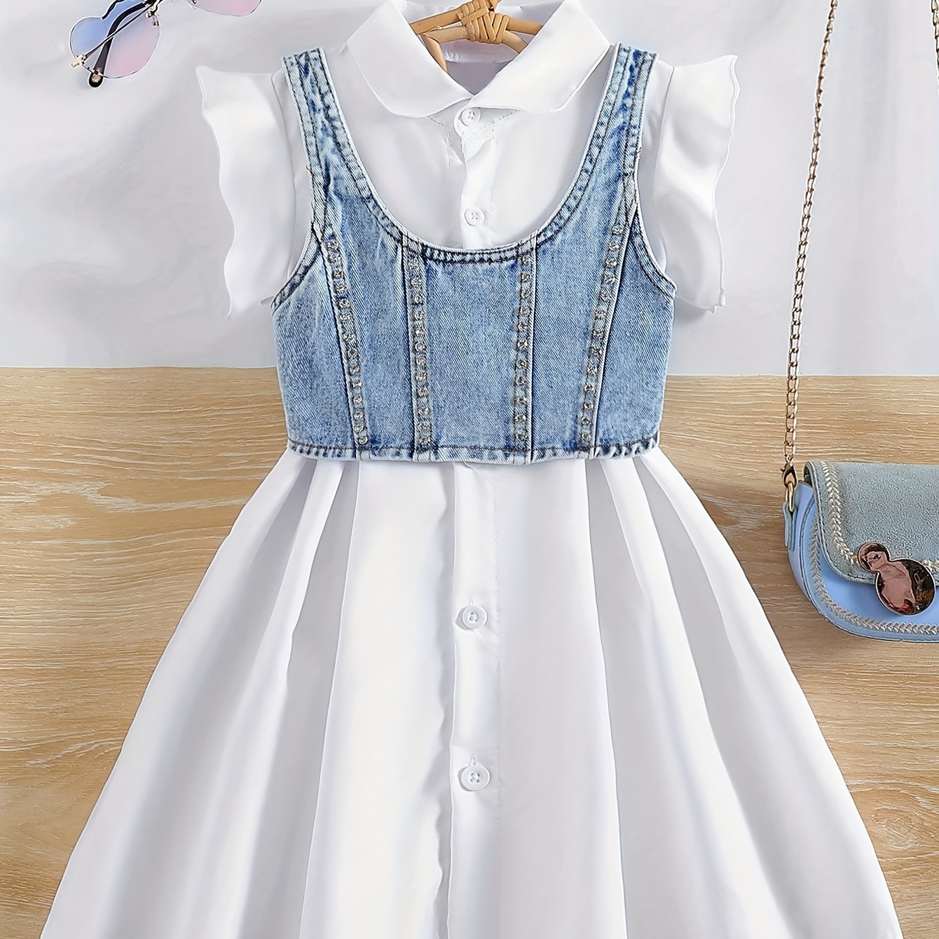 

Girls Elegant Frilled Sleeve Dress + Denim Suspender Vest Casual Set