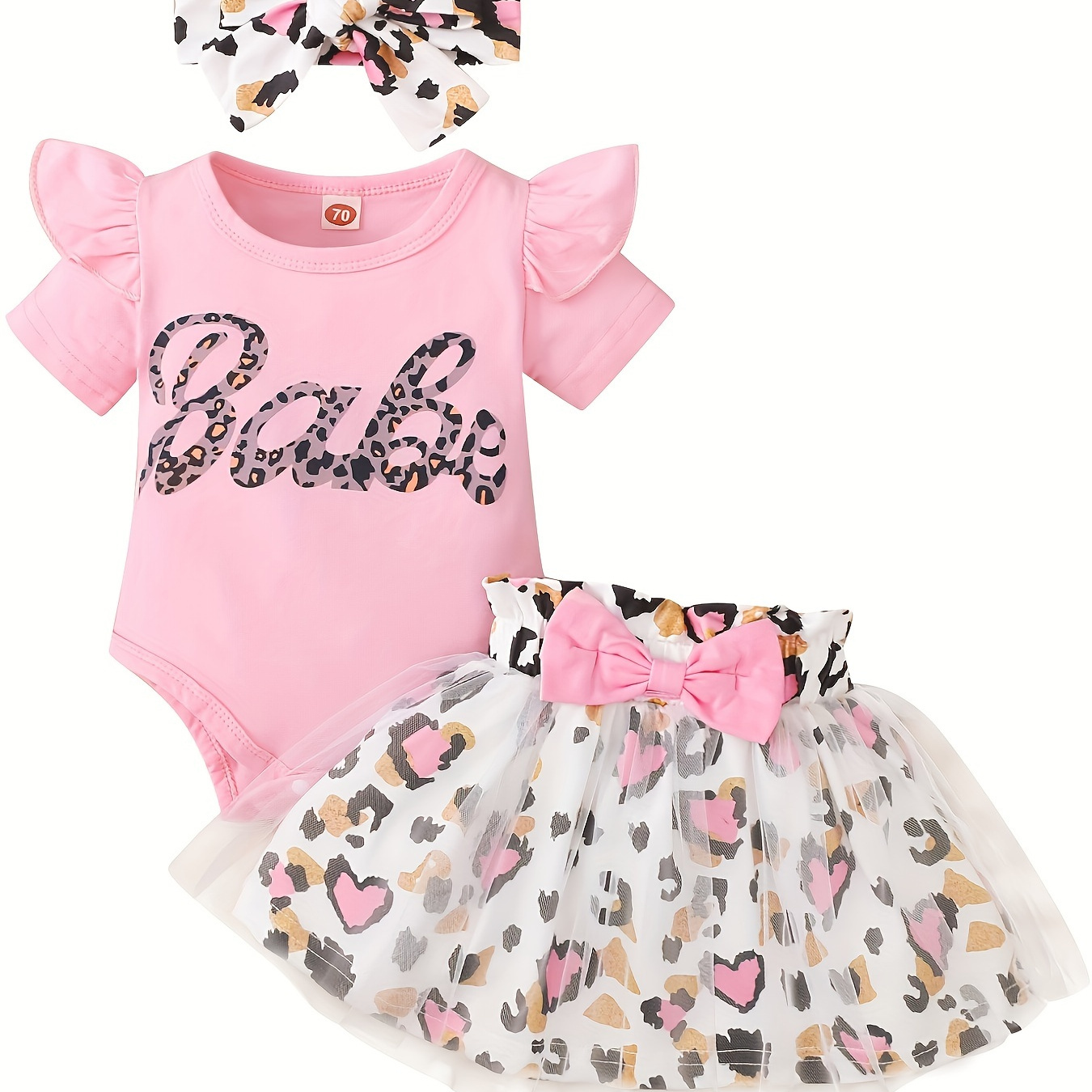 

Graffiti Print, Baby Girls' Stylish Comfy Cotton Outfit, 3pcs/set Short Sleeve Bodysuit With Ruffle Trim & Mesh Skirt & Headband For Summer, As Gifts