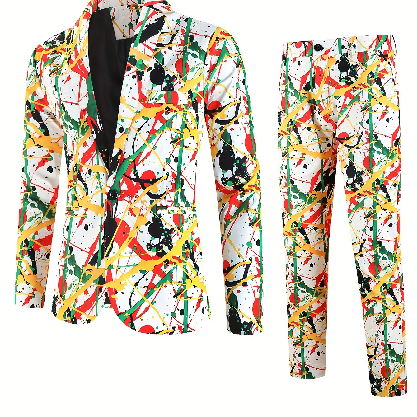 

Men's 2-piece Suit Set, Fashion 3d Allover Colorful Graffiti Splatter Print Blazer And Pants, Leisure Style, Party Wear