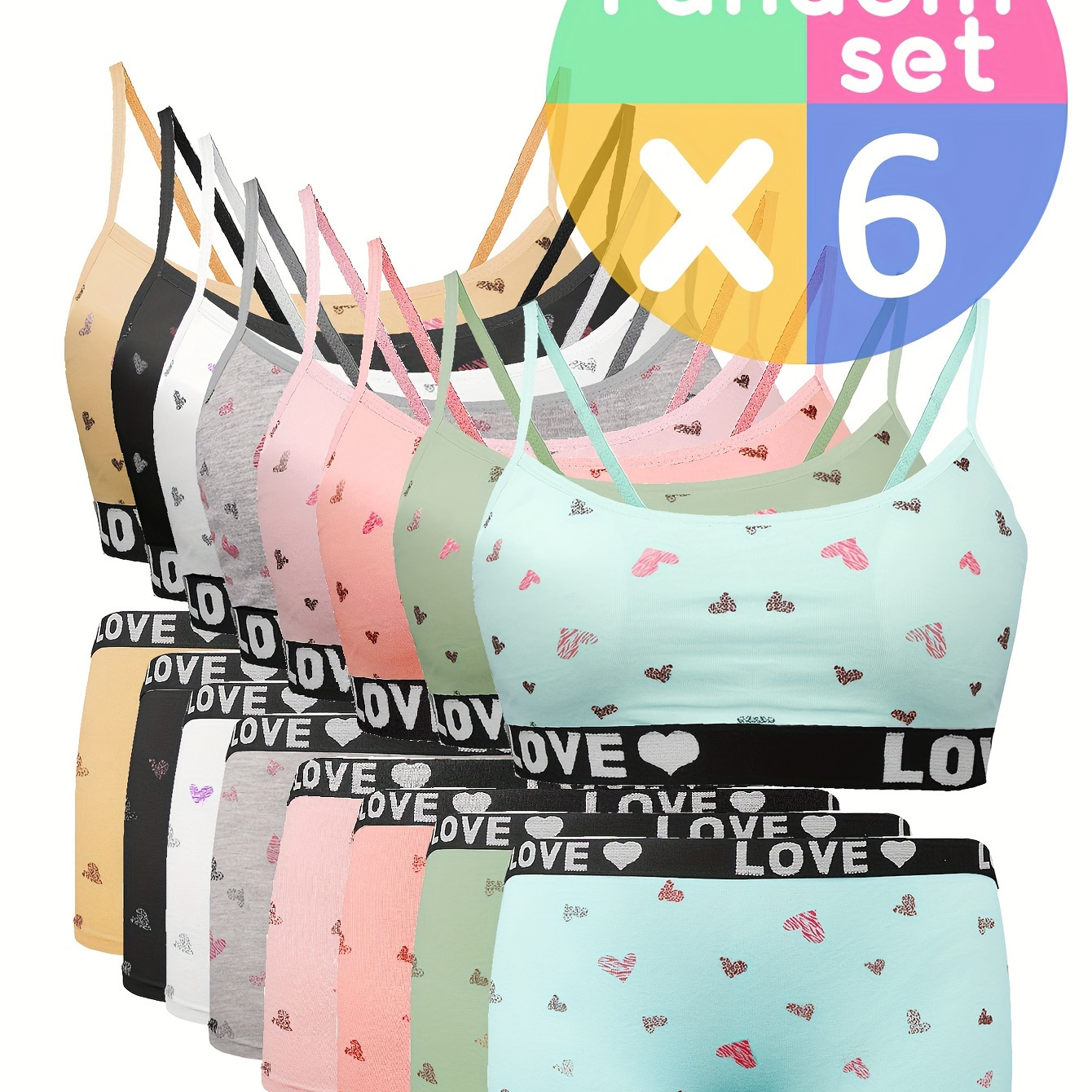 

6 Sets Girl's Cute Heart & Letter Print Training Bra & Boxer Pants, Comfy & Breathable Cotton Underwear Set For 10-12 Years, All Season Wear