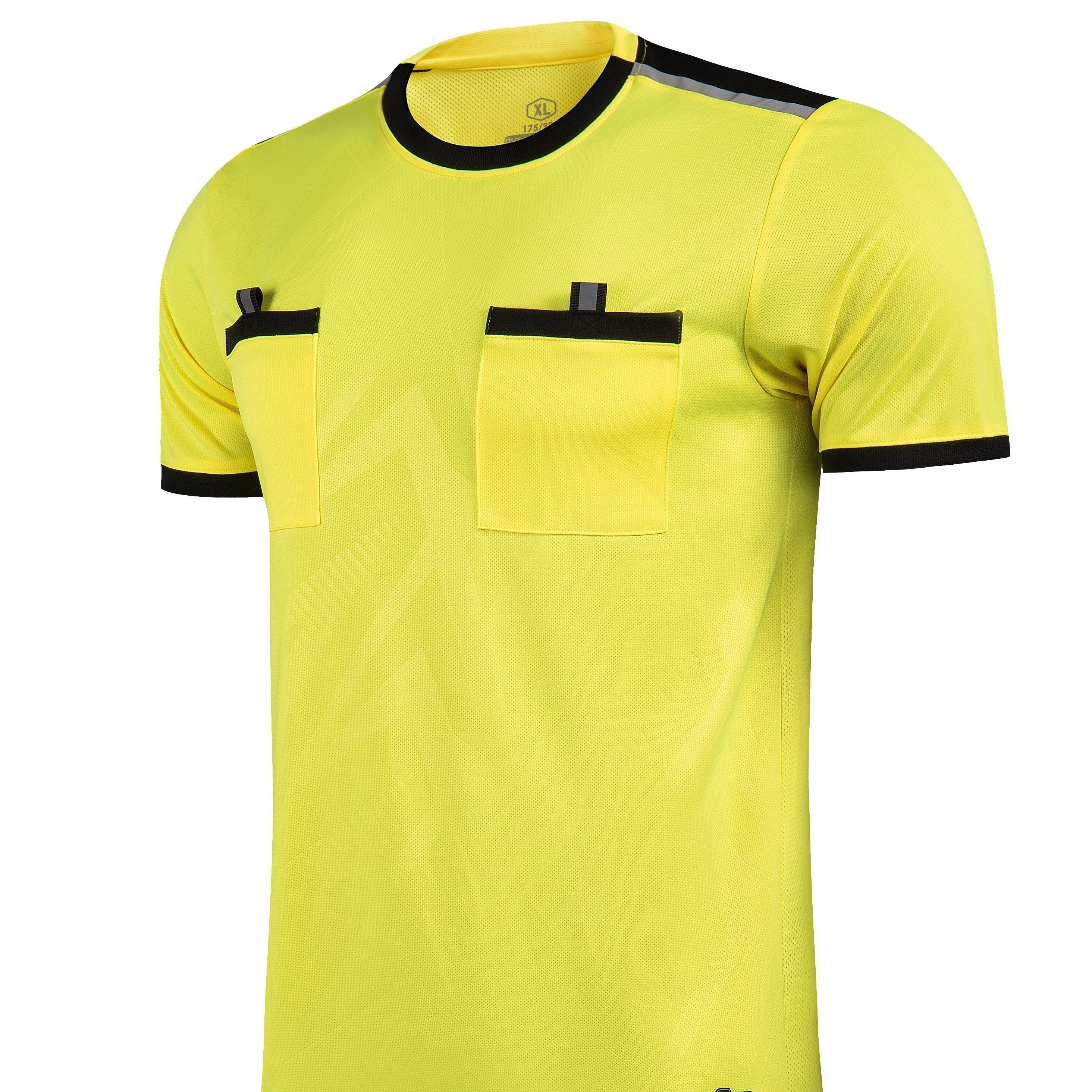 

Men' Referee Jersey, Breathable Polyester Athletic Shirt With Pocket, Geometric Pattern Short Sleeve, Crew Neck Top For Soccer, Tennis, Golf, Volleyball, Cycling, Casual Workout - Universal Fit