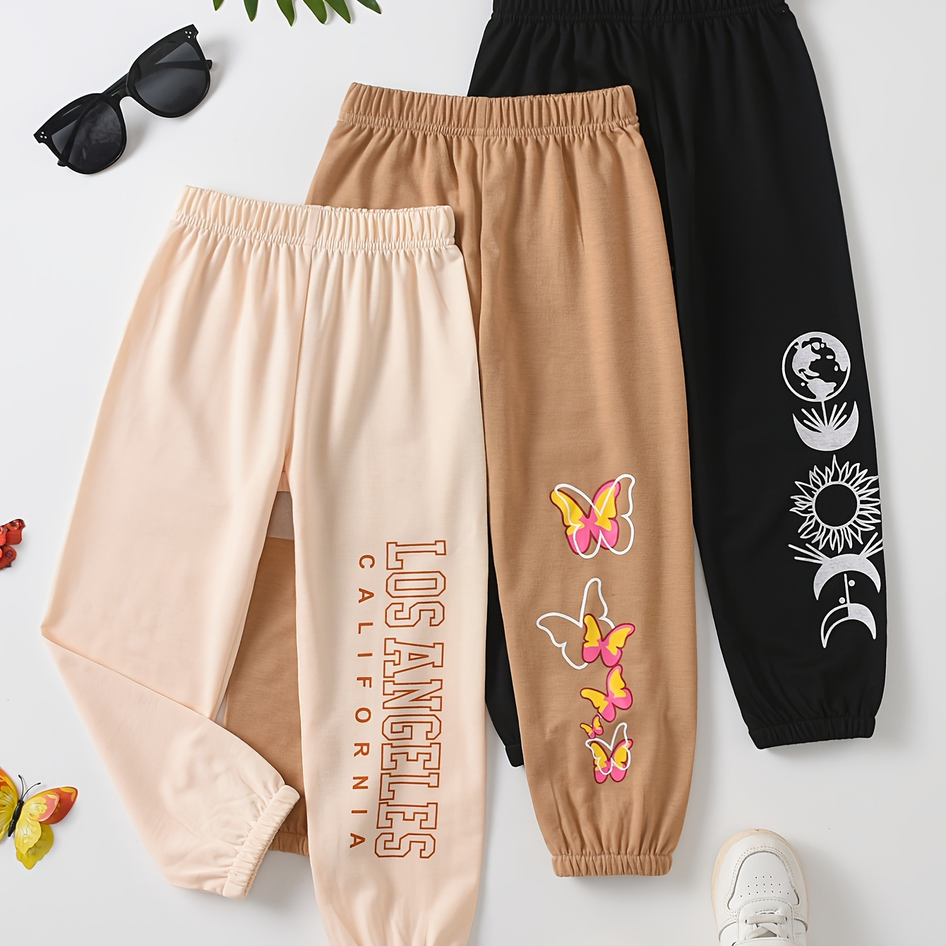 

Girls 3-piece Casual & Versatile Butterflies/moon/los Angeles Print Sweatpants Set For Spring & Fall Daily Wear