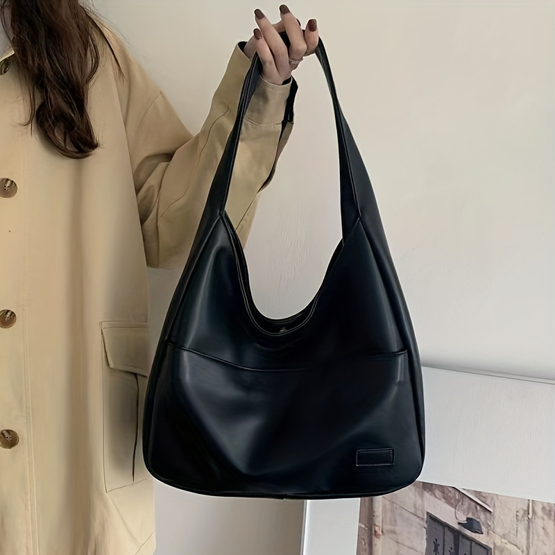 

Solid Color Hobo Bag, Simple Pu Leather Tote Bag, Large Capacity Handbag For School Work