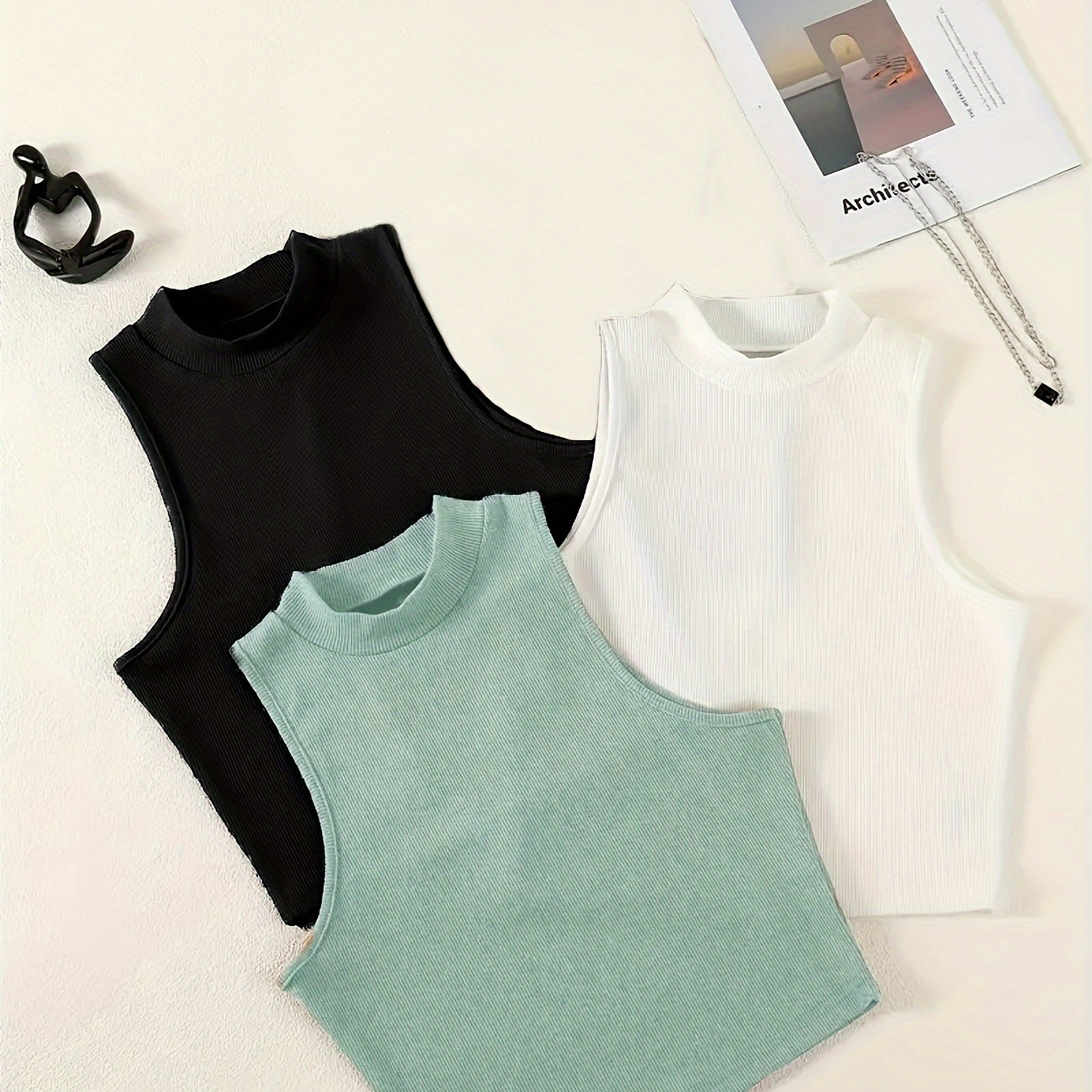 

3 Pack Solid Color Mock Neck Tops, Casual Sleeveless Tops For Summer & Spring, Women's Clothing