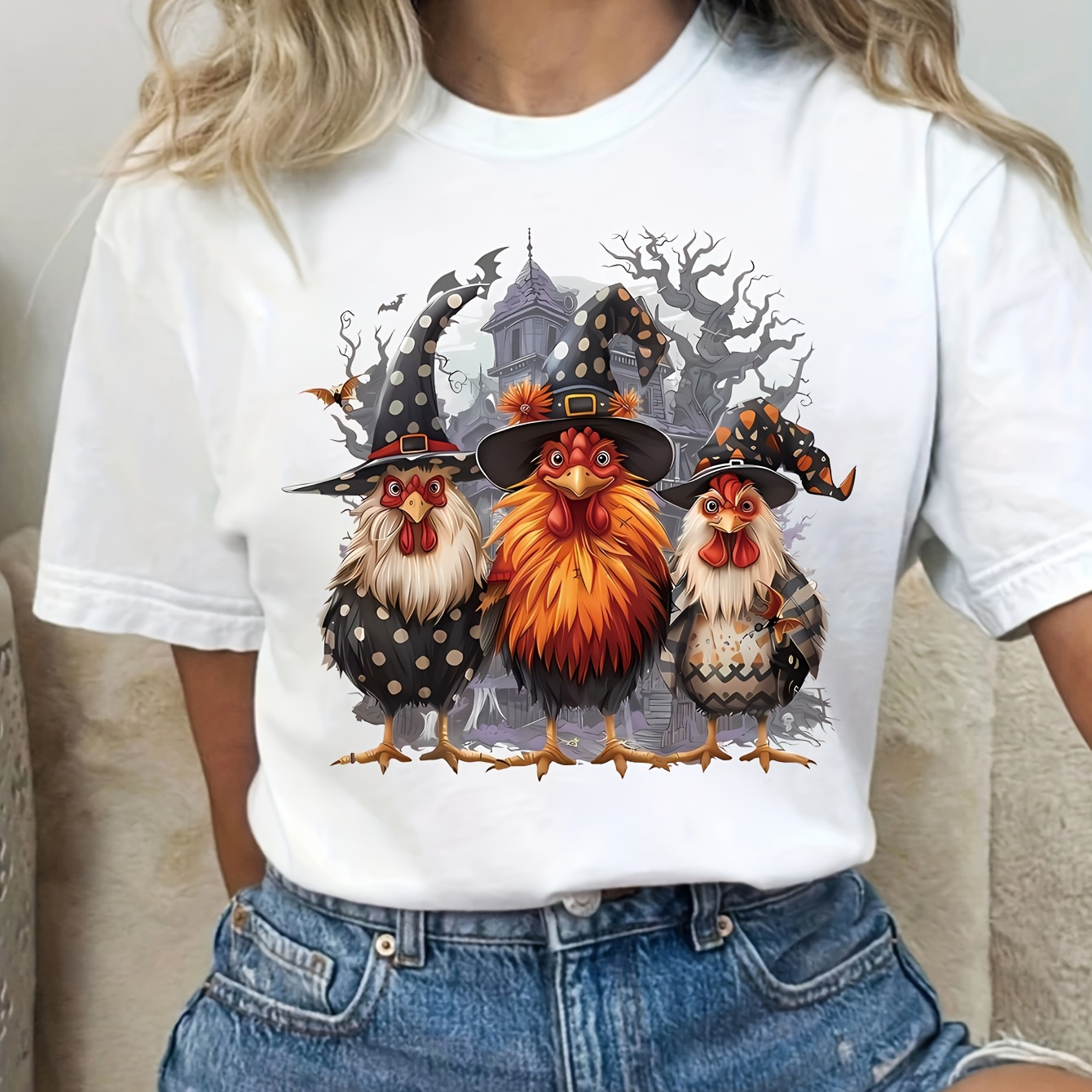 

Plus Size Chicken Print Crew Neck T-shirt, Casual Short Sleeve T-shirt For Spring & Summer, Women's Plus Size Clothing