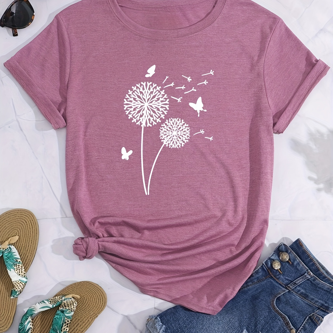 TEMU Dandelion Butterfly Graphic Fashion Sports Tee, Short Sleeve T-shirt Top, Women's Activewear