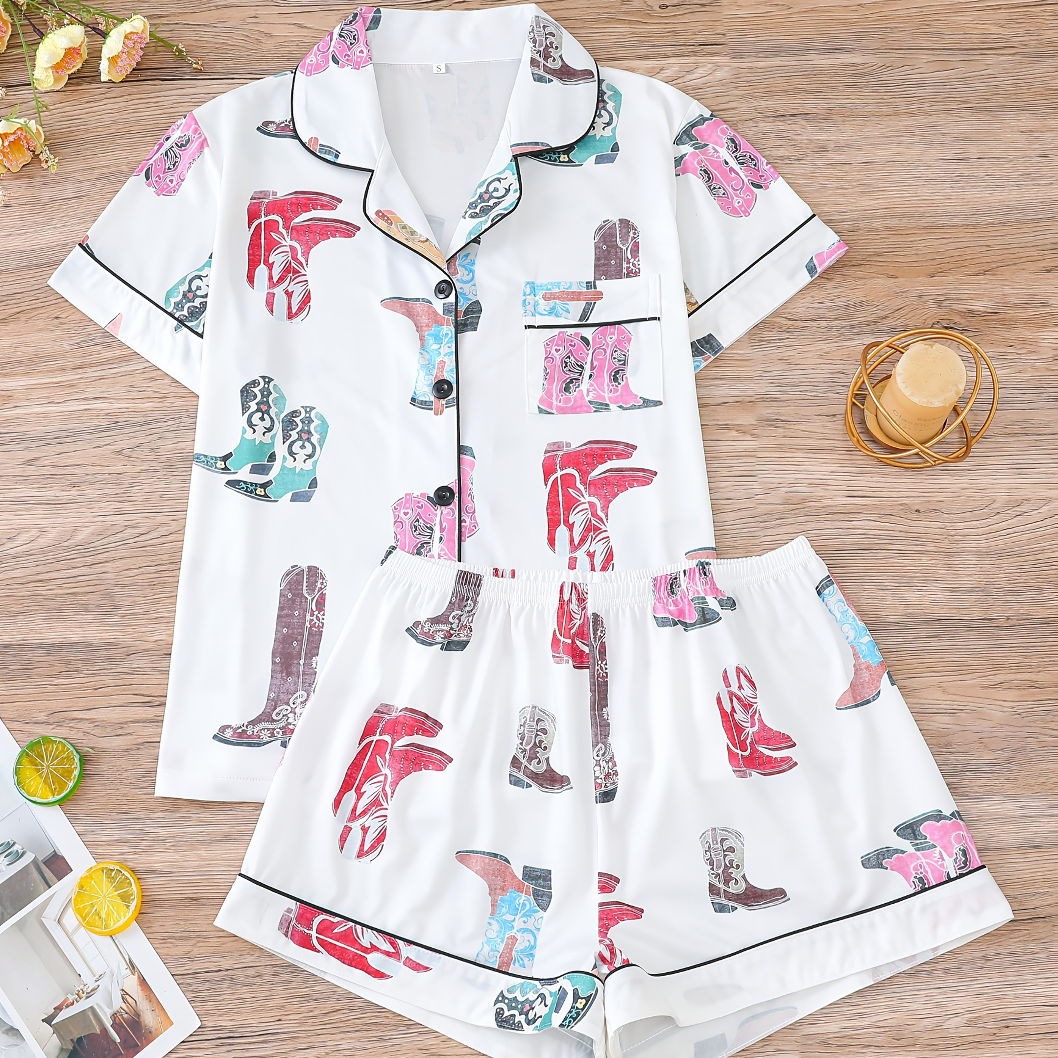 

2pcs Women's Pajama Set, Cowboy Boot Print Short Sleeve Shirt And Waist Shorts, Casual Lapel Collar Knit Fabric Sleepwear, Polyester, For All Season