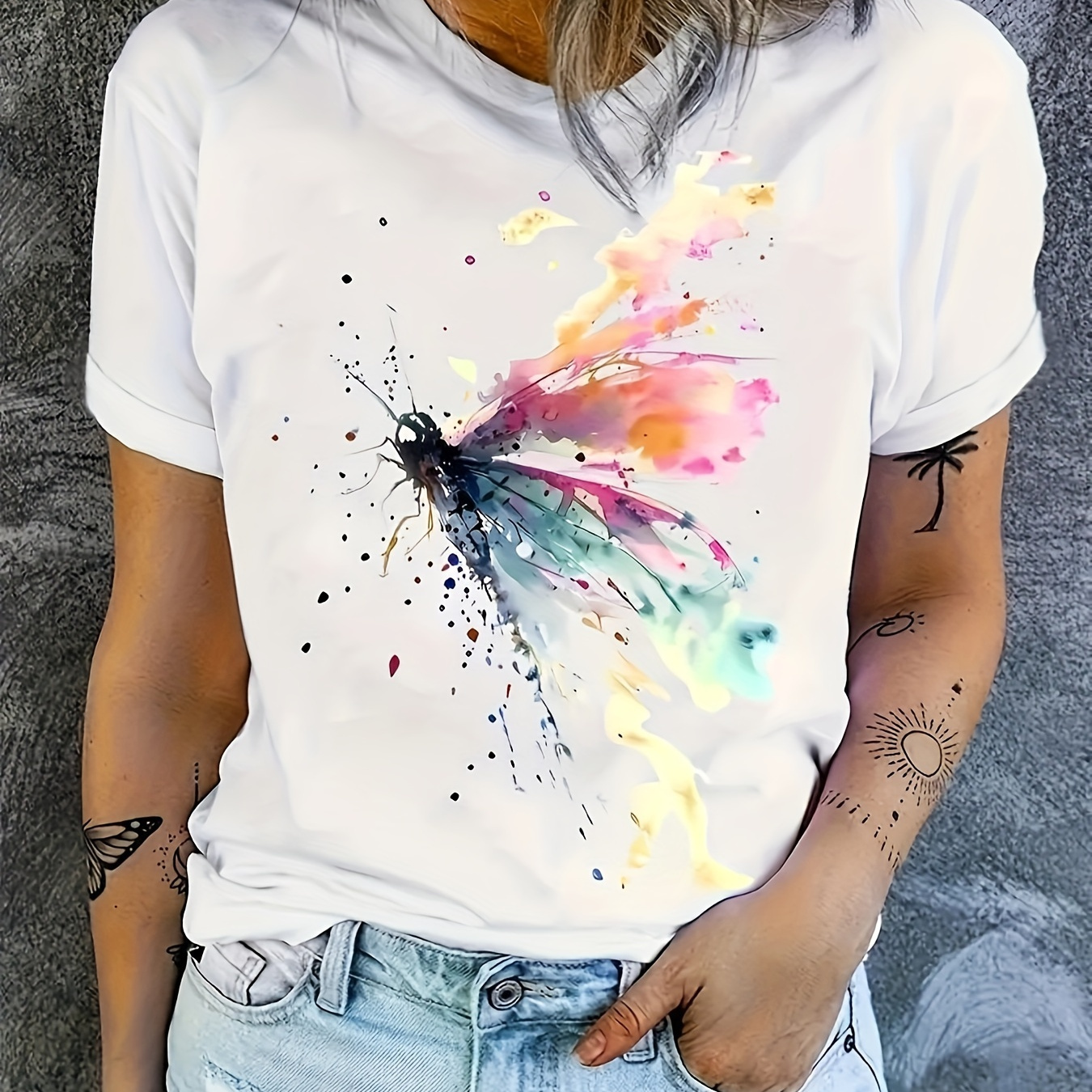 

Dragonfly Print Crew Neck T-shirt, Casual Short Sleeve Top For Spring & Summer, Women's Clothing