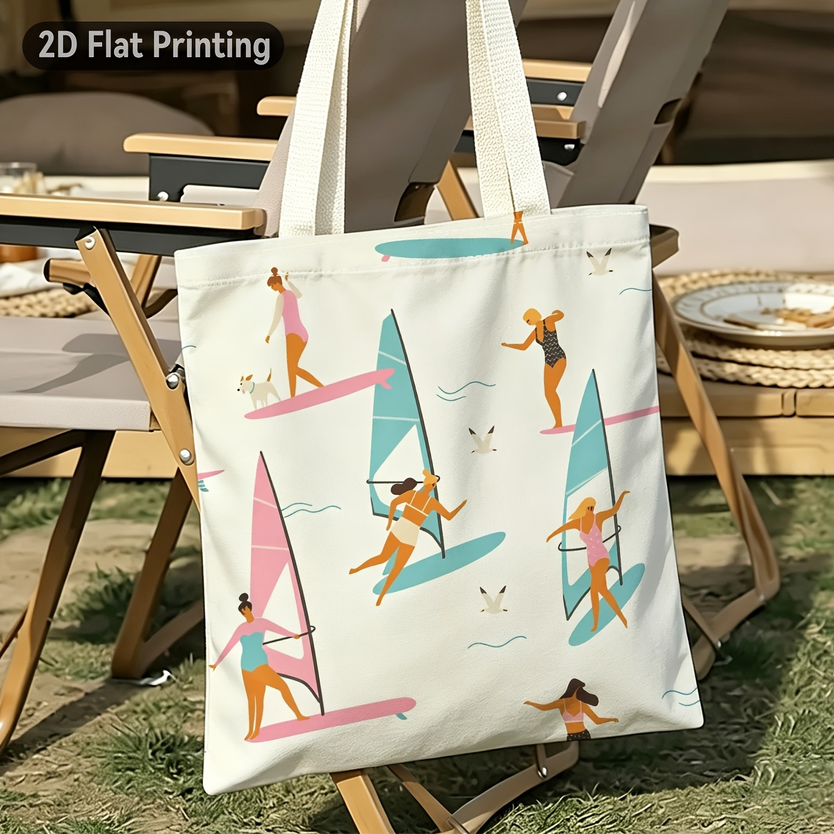 TEMU 1pc Minimalist Windsurfing Tote Bag - Nautical Beach Bag With Windsurf Board Print, Durable Suitable For Grocery Shopping, Casual , Commuting,