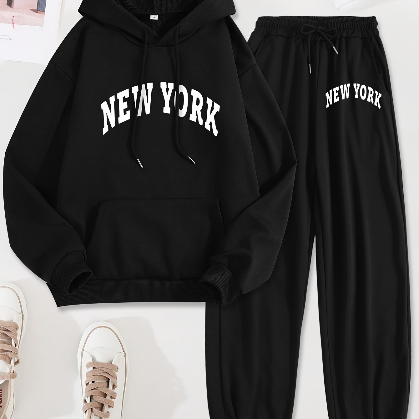 

Women's Casual Two-piece Set, New Letter Print, Polyester 100% Knit Fabric, Long Sleeve Hoodie With Pockets & Matching Pants, Regular Fit For Fall/winter