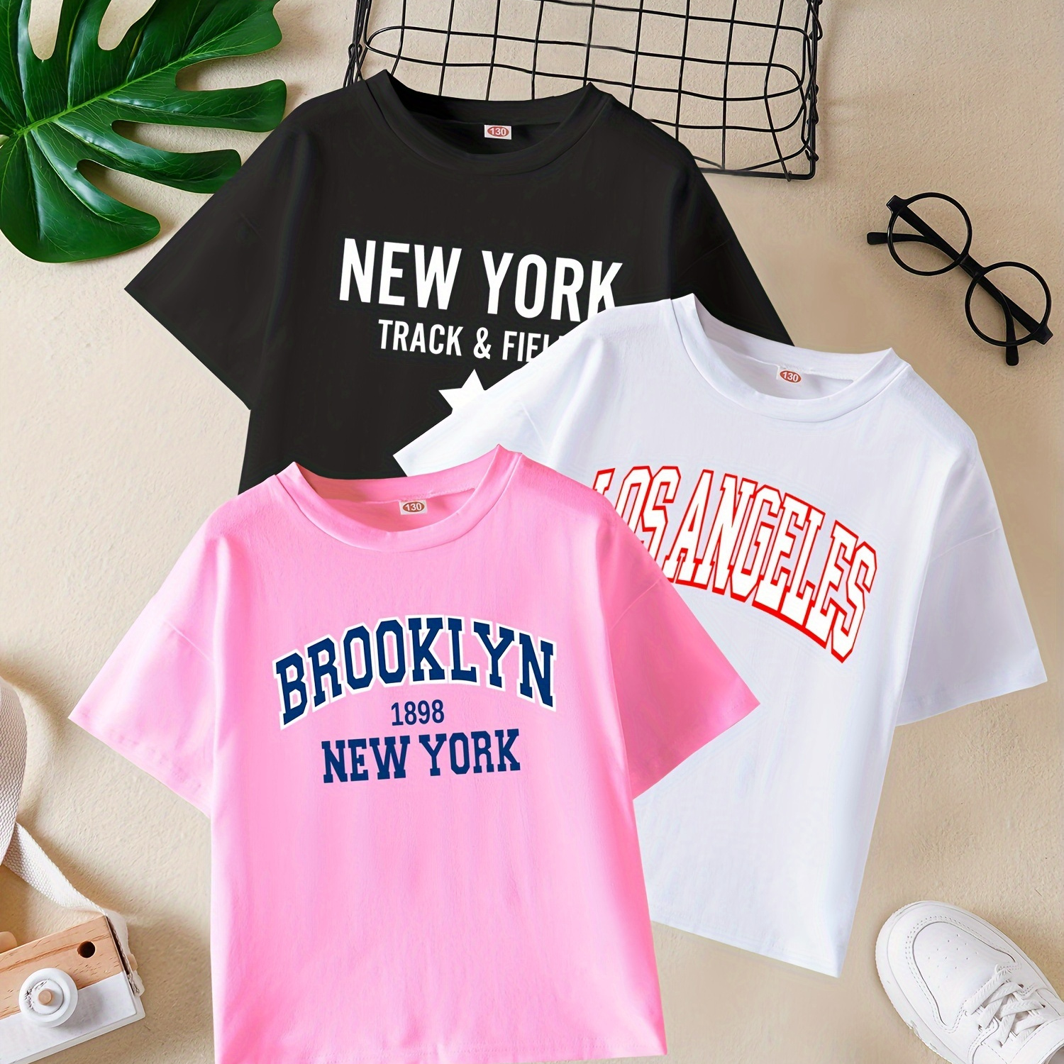 

New York/brooklyn/los Angeles Print, 3pcs, Girls' Trendy Crew Neck T-shirt Set With Short Sleeves, Summer Clothing For Outdoor Activities