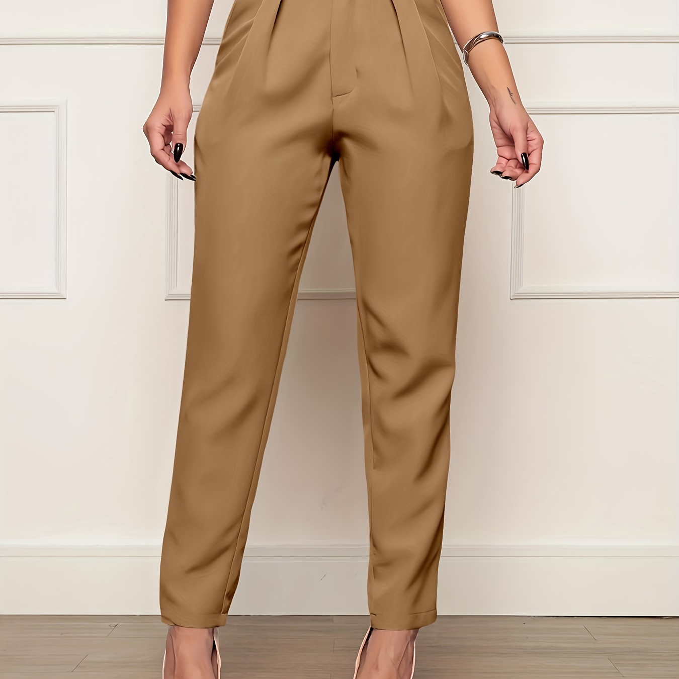 

Women's Elegant Polyester High-waist Button Fly Suit Trousers Solid Color Long Regular Fit Woven Pencil Pants For Spring/fall - No Belt