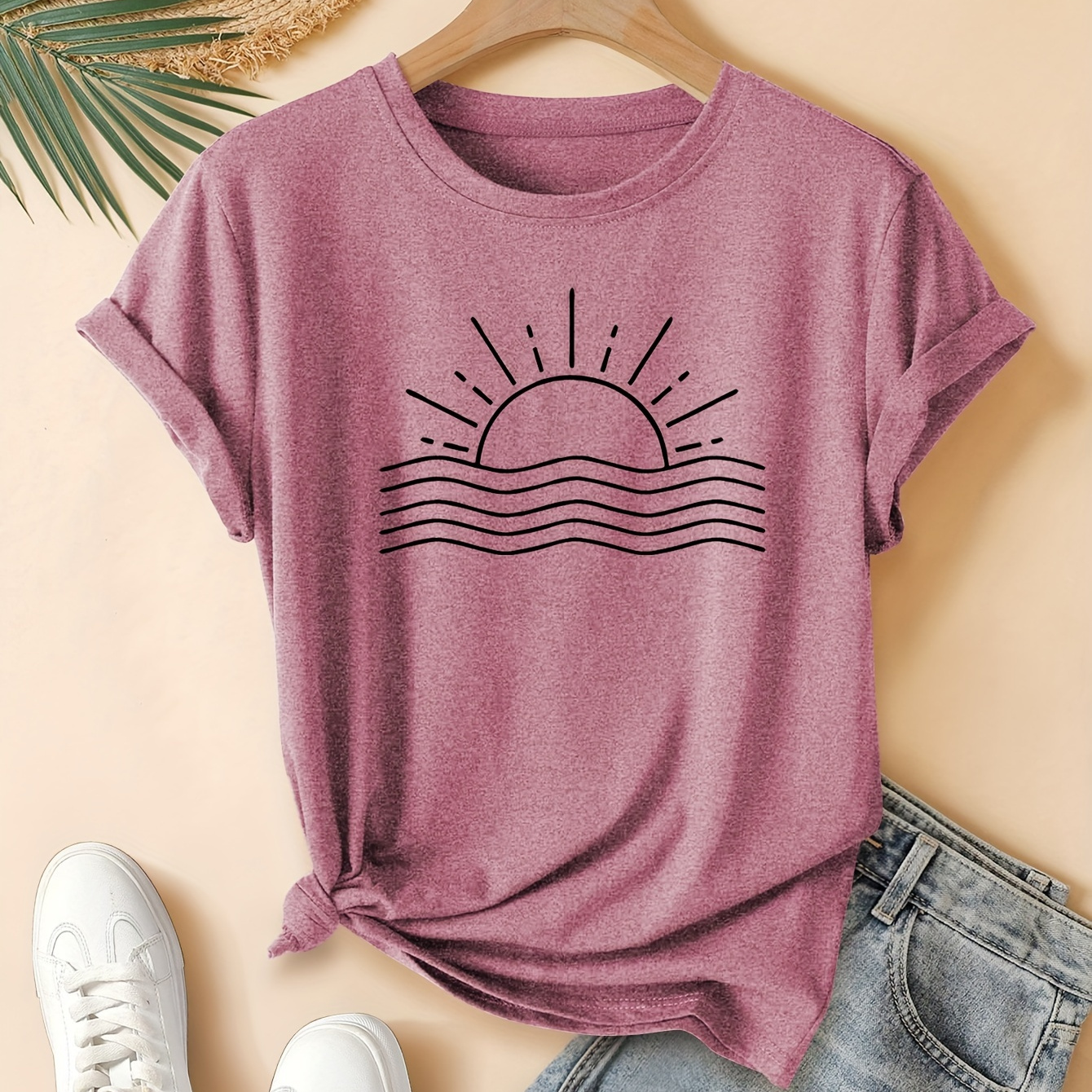 

Women's Vintage Sun And Waves Print Round Neck Short Sleeve T-shirt, Fashionable Retro Casual Summer Tee