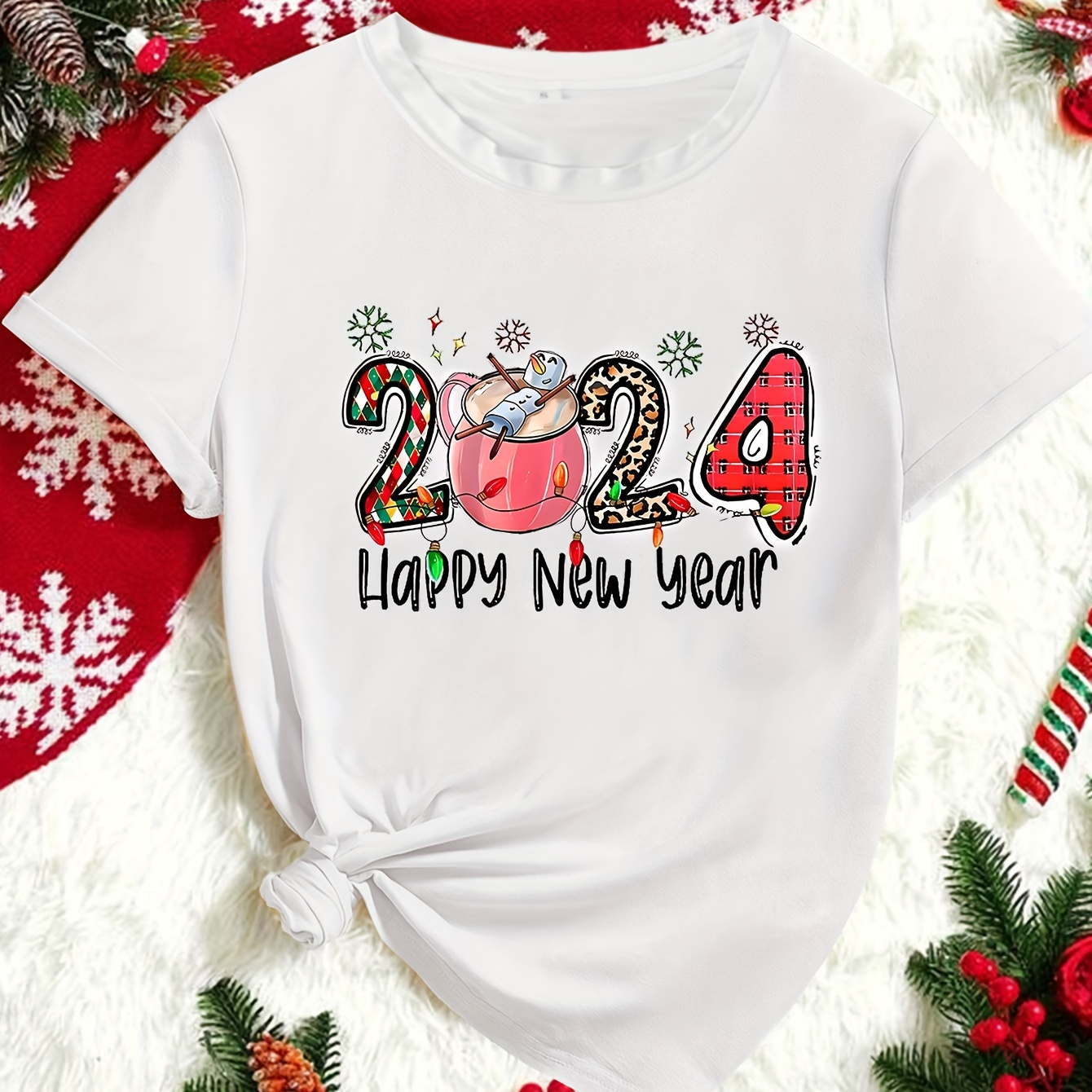 

2024 & New Year Print T-shirt, Casual Short Sleeve Crew Neck Top, Women's Clothing