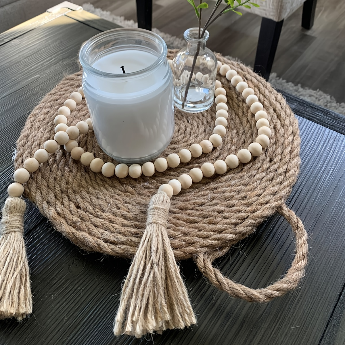 Boho Bead Ornament Rural Style Wooden Beads Linen Rope - Temu