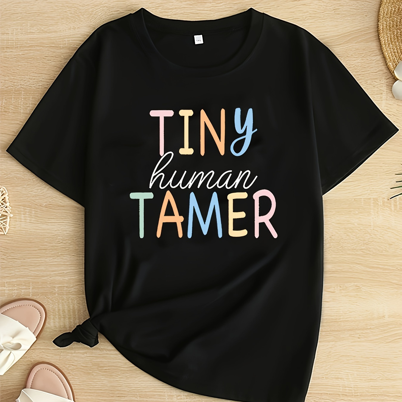 

Plus Size Tiny Tamer Print T-shirt, Casual Short Sleeve Top For Spring & Summer, Women's Plus Size Clothing