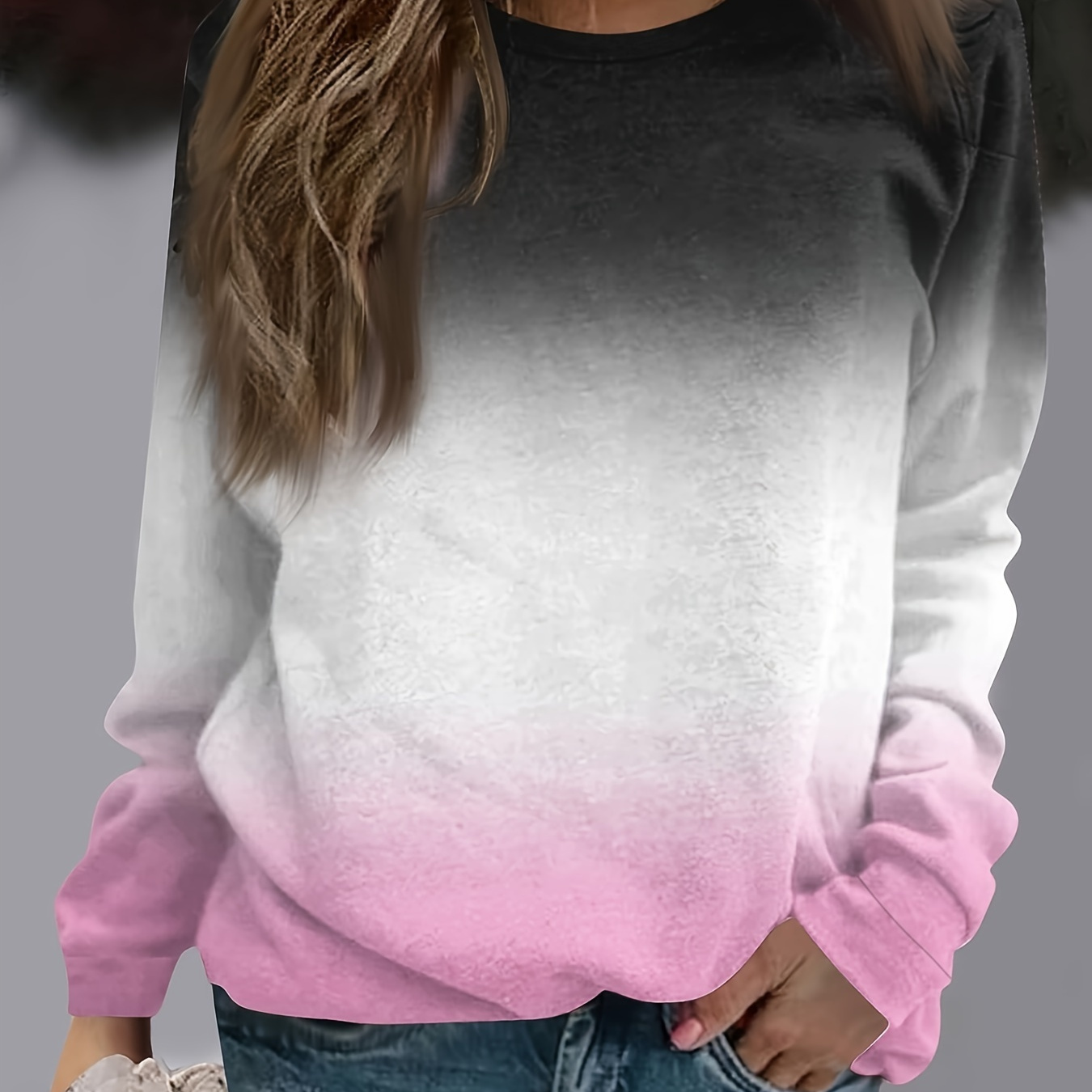 

Gradient Color Crew Neck Sweatshirt, Casual Long Sleeve Pullover Sweatshirt For Fall & Winter, Women's Clothing