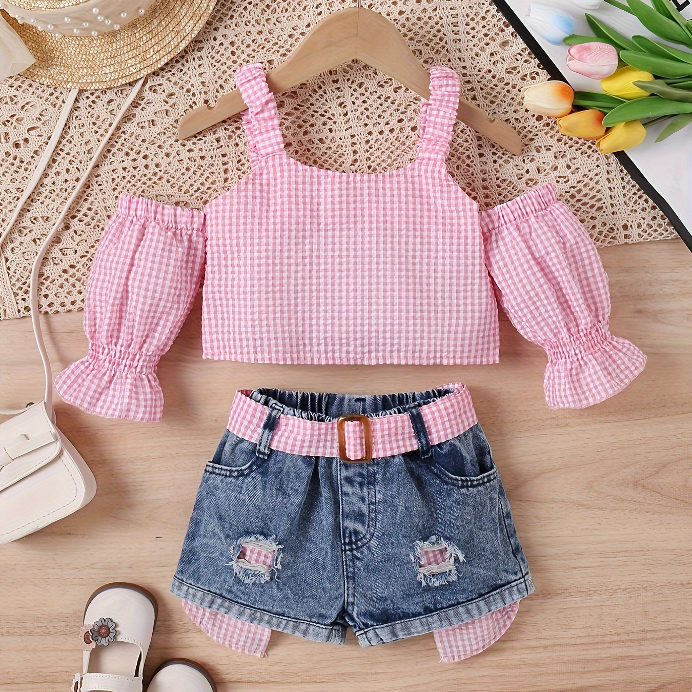 

Trendy Girls 2pcs Checkered Cold Shoulder Top + Denim Shorts With Belt Set For Summer Party Gift