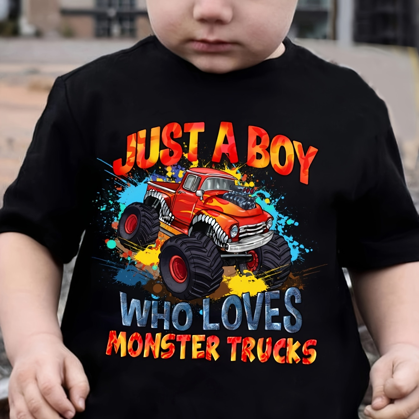 

Just A Boy Who Loves Monster Truck Print Boys Creative T-shirt, Vibrant Comfy Short Sleeve Tee Top, Boys Summer Clothing