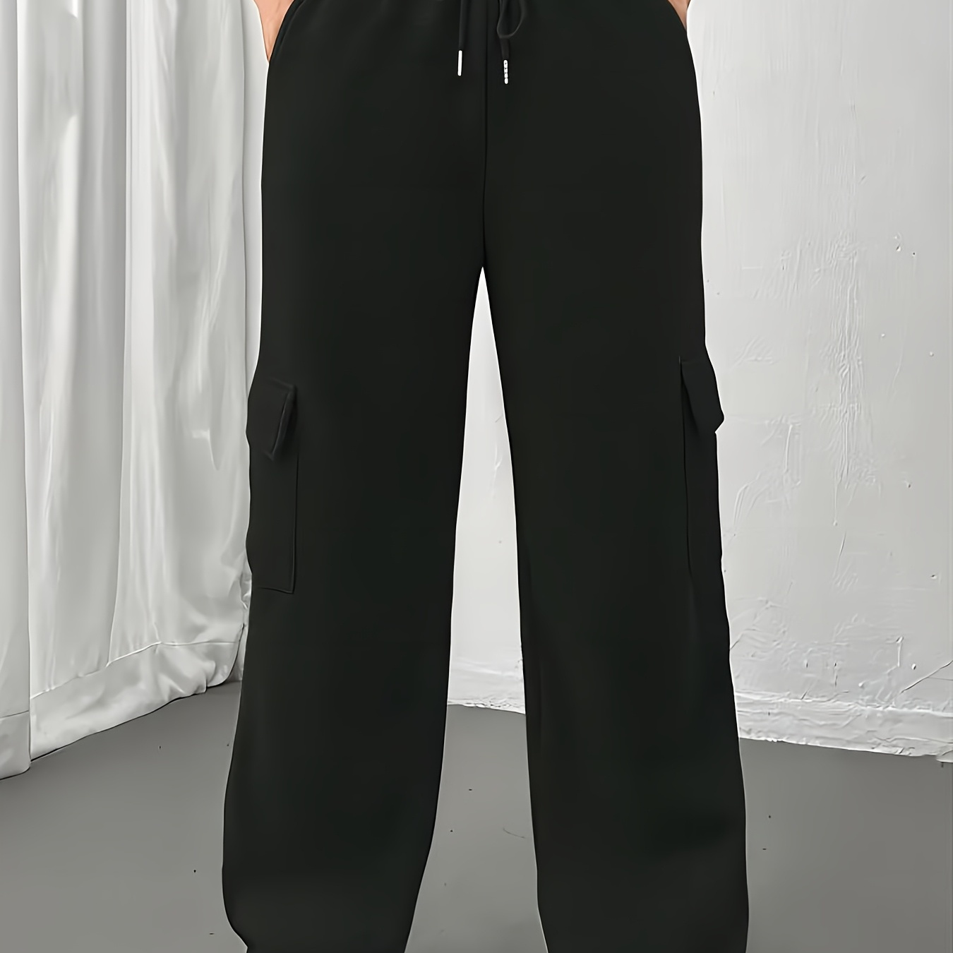 

Pantalon cargo élégant en polyester de couleur unie pour femmes, longueur longue en avec cordon de serrage, poches sportives, vêtements décontractés pour toutes les