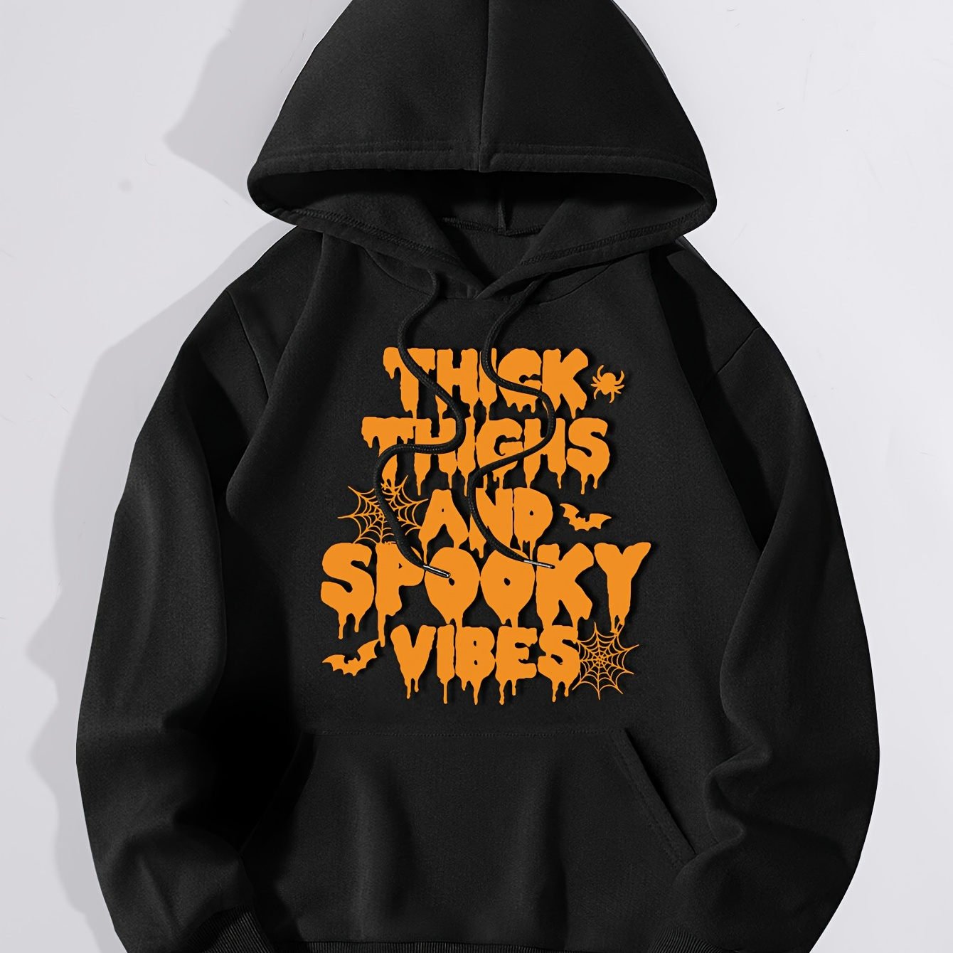 

Women's Casual Hooded Sweatshirt With "thick Thighs And Spooky Vibes" Print - 100% Polyester Knit Fabric - Fall/winter Seasonal Pullover With Front Pocket