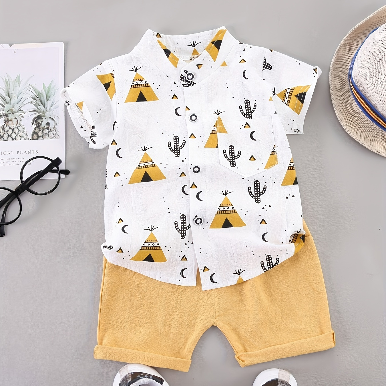 

Tenue Décontractée Et Élégante Pour Bébés Garçons - Ensemble Chemise Imprimée Pyramide Et Short - Vêtements D'été Pour Enfants