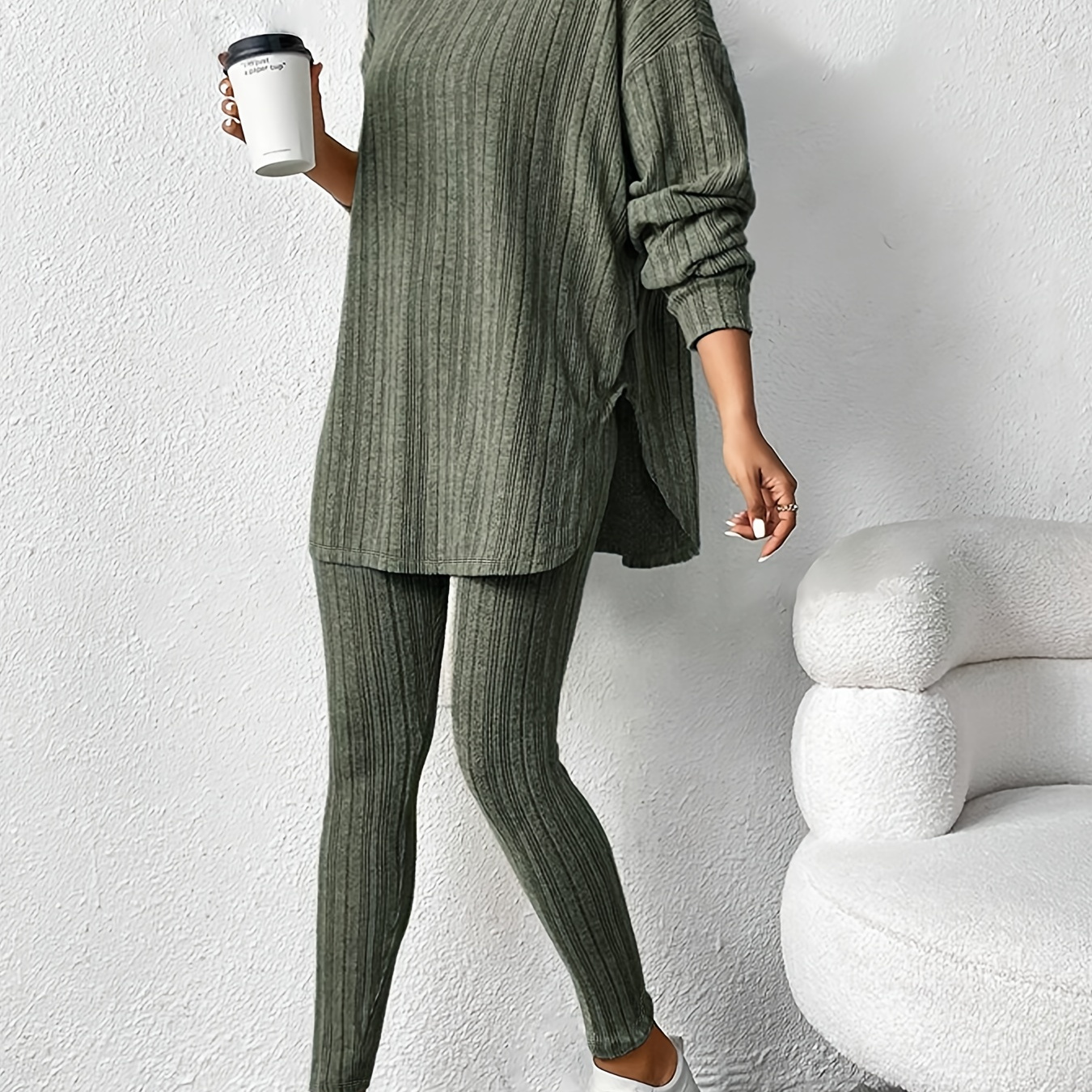 

1set Casual Polyester Knit Fabric Outfit - Solid Color Hooded Long Sleeve Top With Slim Fit Pants, Loungewear Set