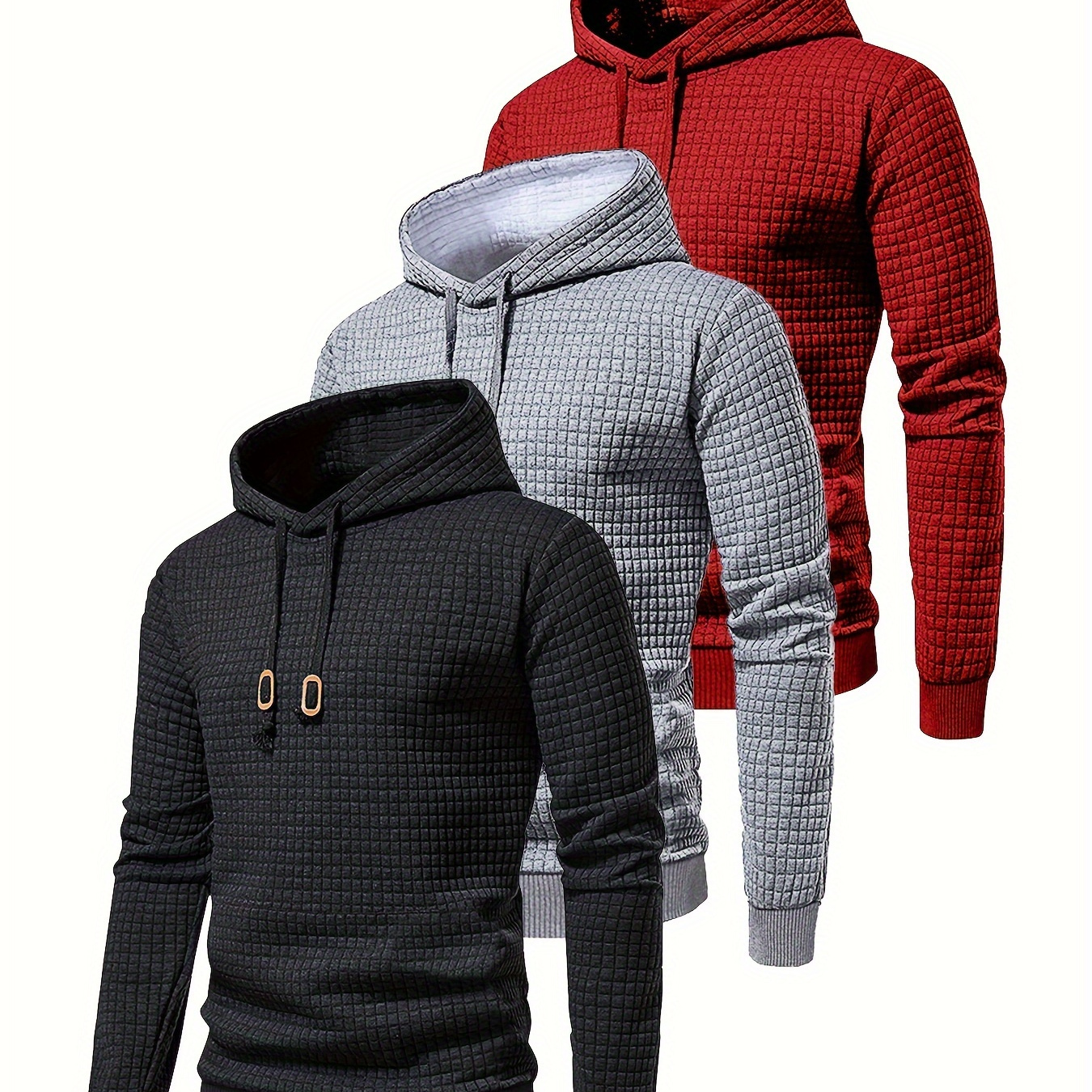 

[casual ] Men's Athletic Hoodie 3pcs - Sporty Waffle Knit Pullovers With Drawstring, Long Sleeves In Red, Gray, Black - Machine Washable, Polyester , Casual Wear|hooded Pullover|stretchable Fabric