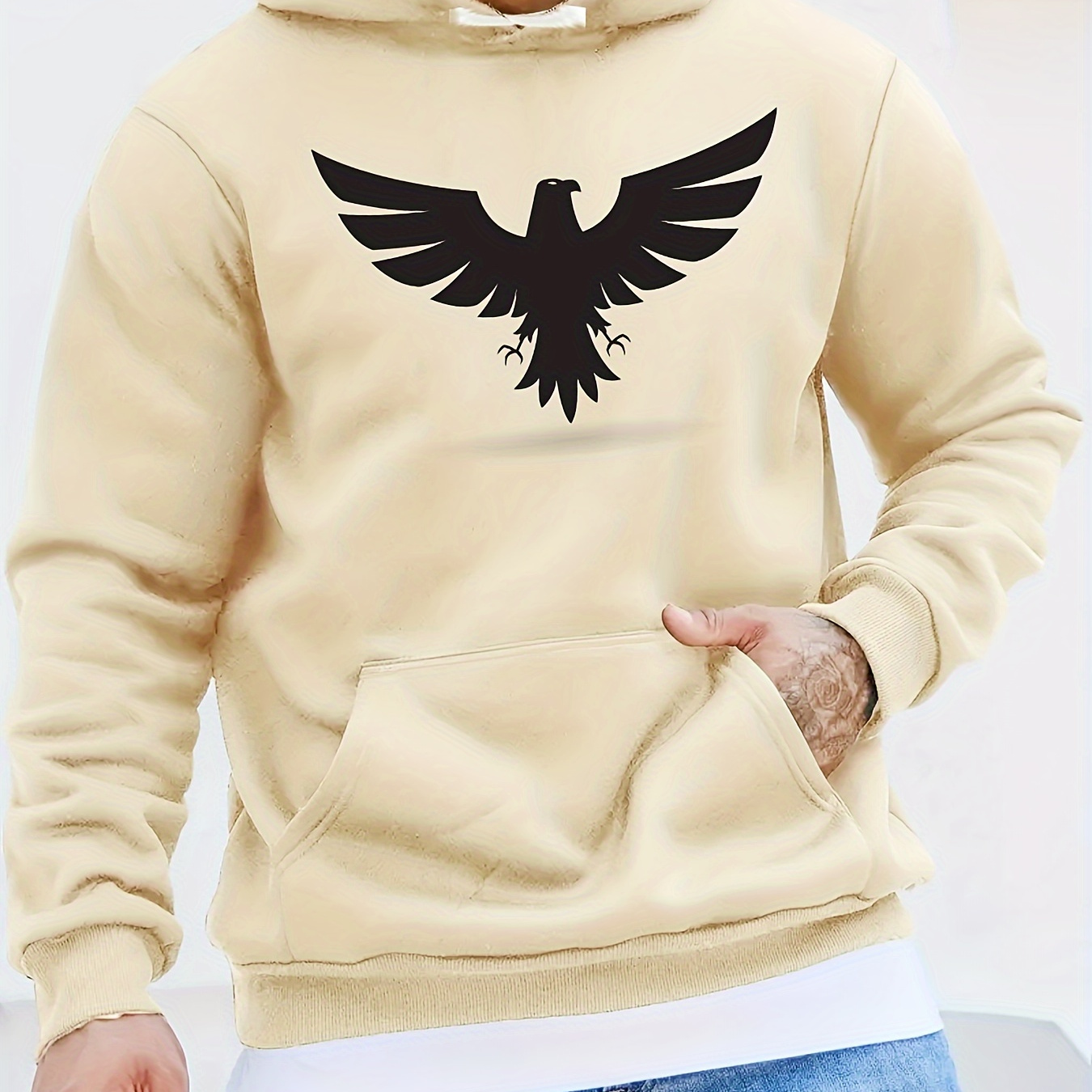 

Eagle Pattern Hoodie With Kangaroo Pocket, Men's Casual Pullover Hooded Sweatshirt