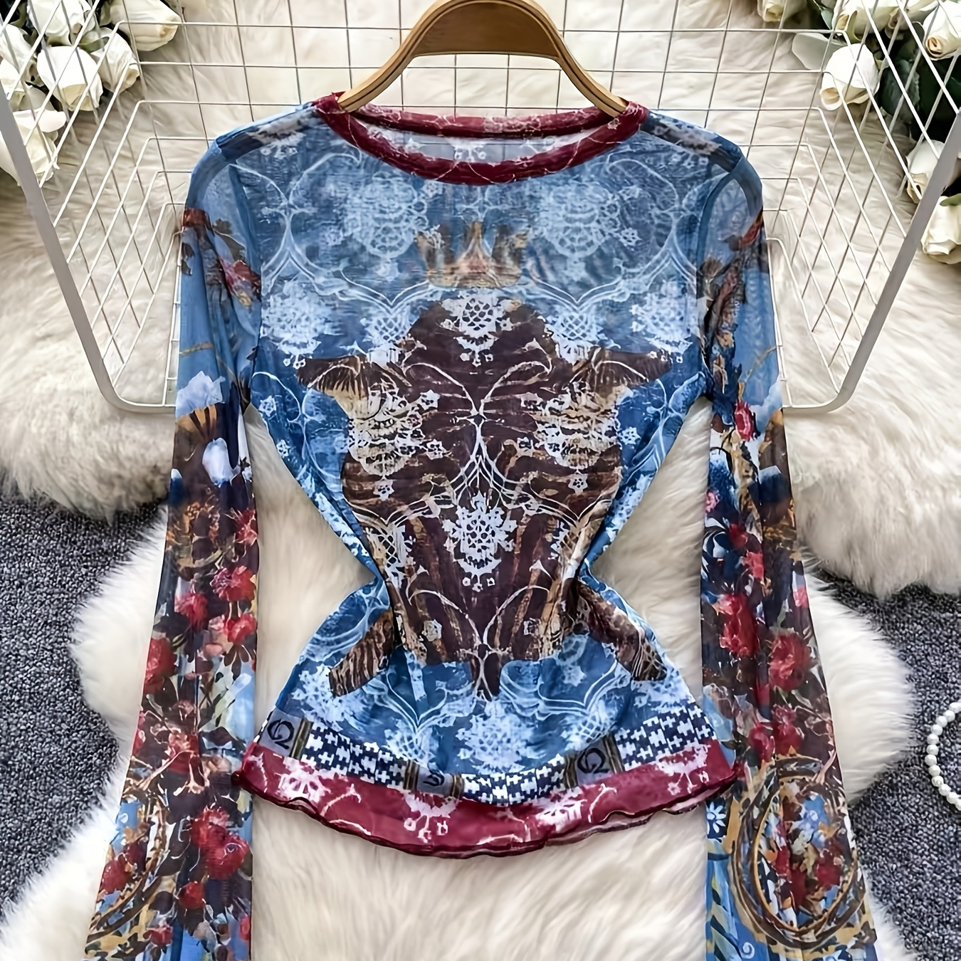 

Print Y2k-inspired Sheer Mesh Long Sleeve Top With Full Print - Stretchy & Machine Washable, Round Neck