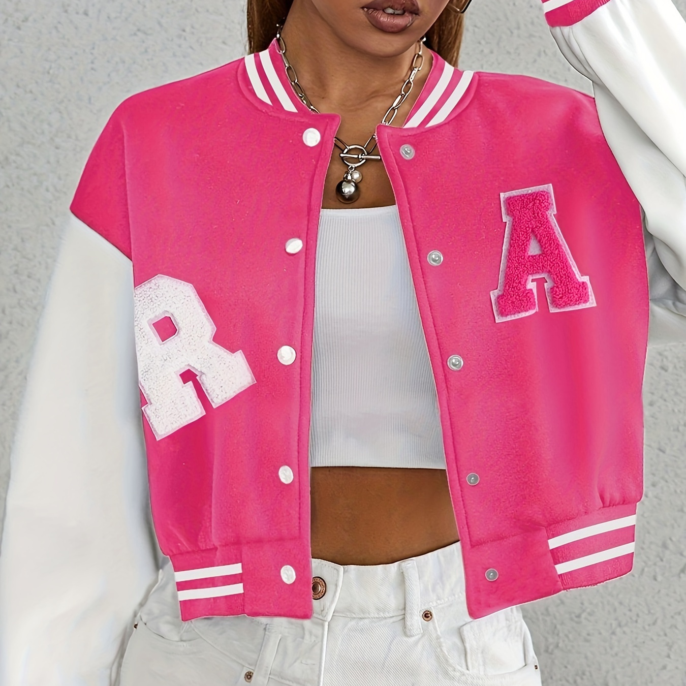 Varsity Letterman Jacket, Letter Print Button Up Jacket, Women's Casual  Streetwear, Women's Clothing - Temu Philippines