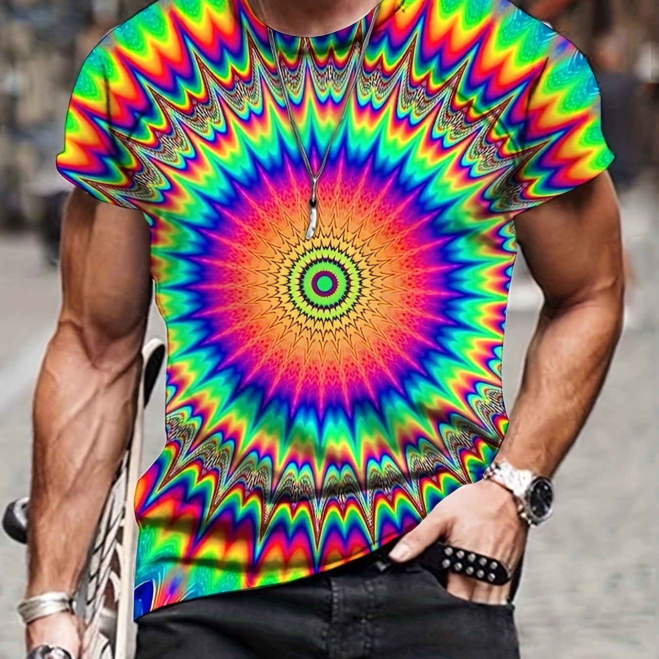 

Men's 3d Vision Illusion Swirl Print T-shirt, Casual Comfy Mid Stretch Crew Neck Tee, Men's Clothing For Outdoor