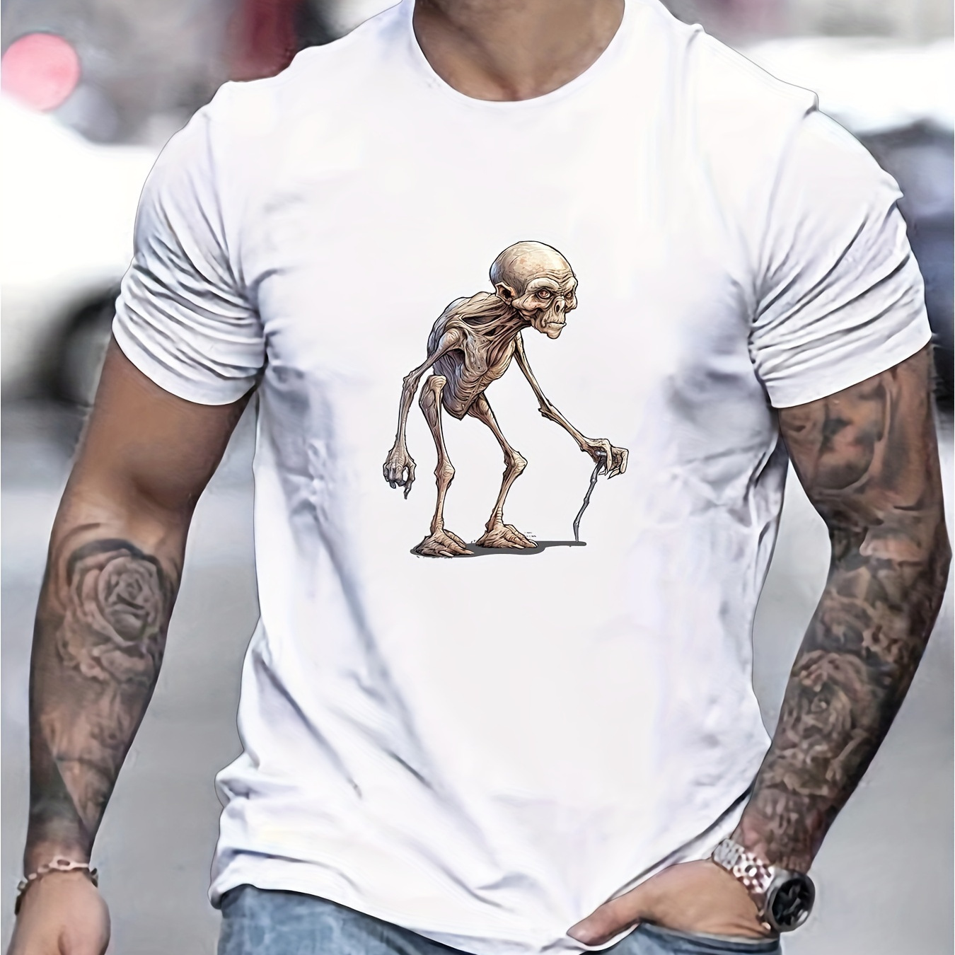 

Alien Creative Print Stylish Cotton T-shirt For Men, Crew Neck Short Sleeve, Casual Tee, Versatile Top For Spring And Summer, Trendy Streetwear Fashion