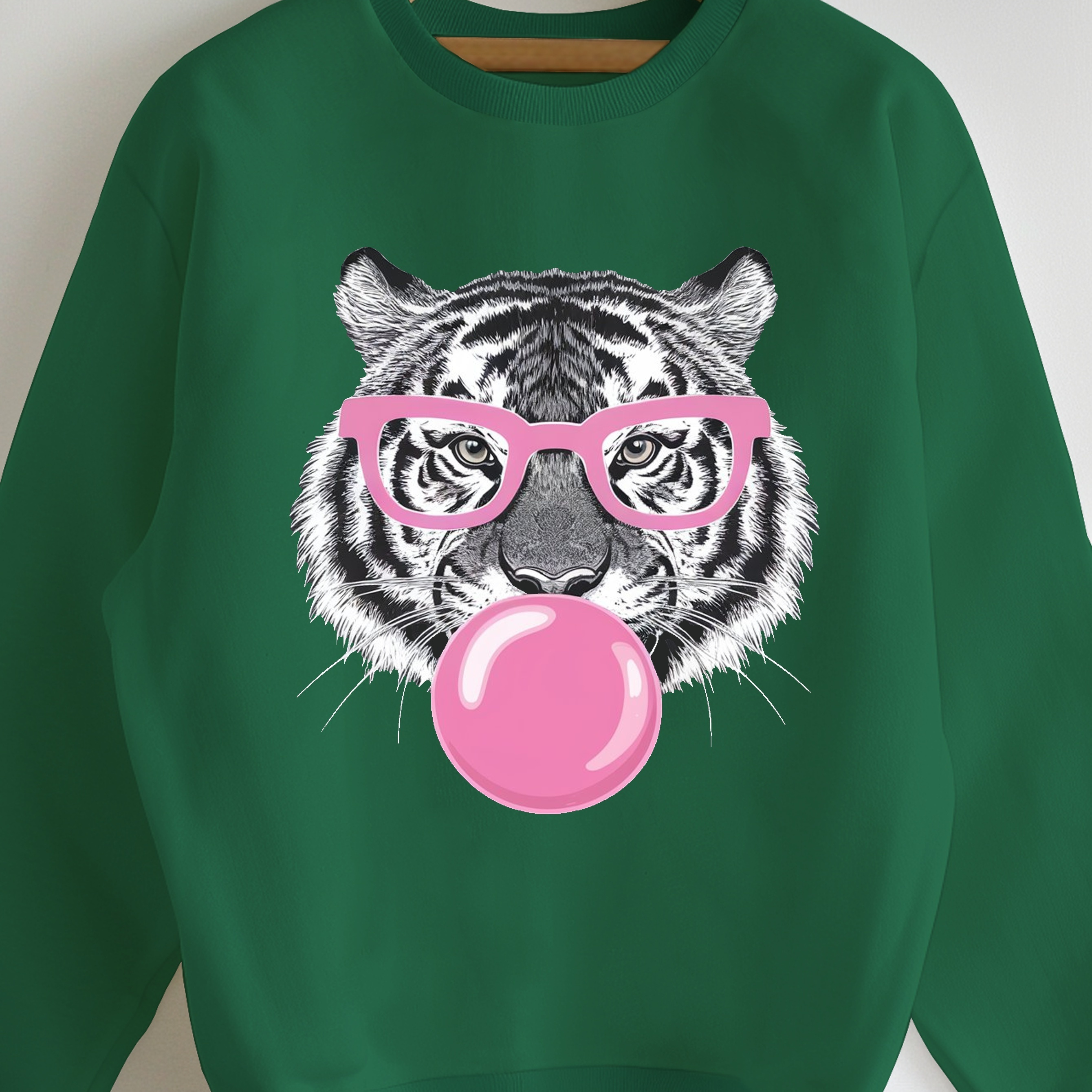 

Tiger With Print Sweatshirt, Casual Crew Neck Long Sleeve Sweatshirt, Women's Clothing