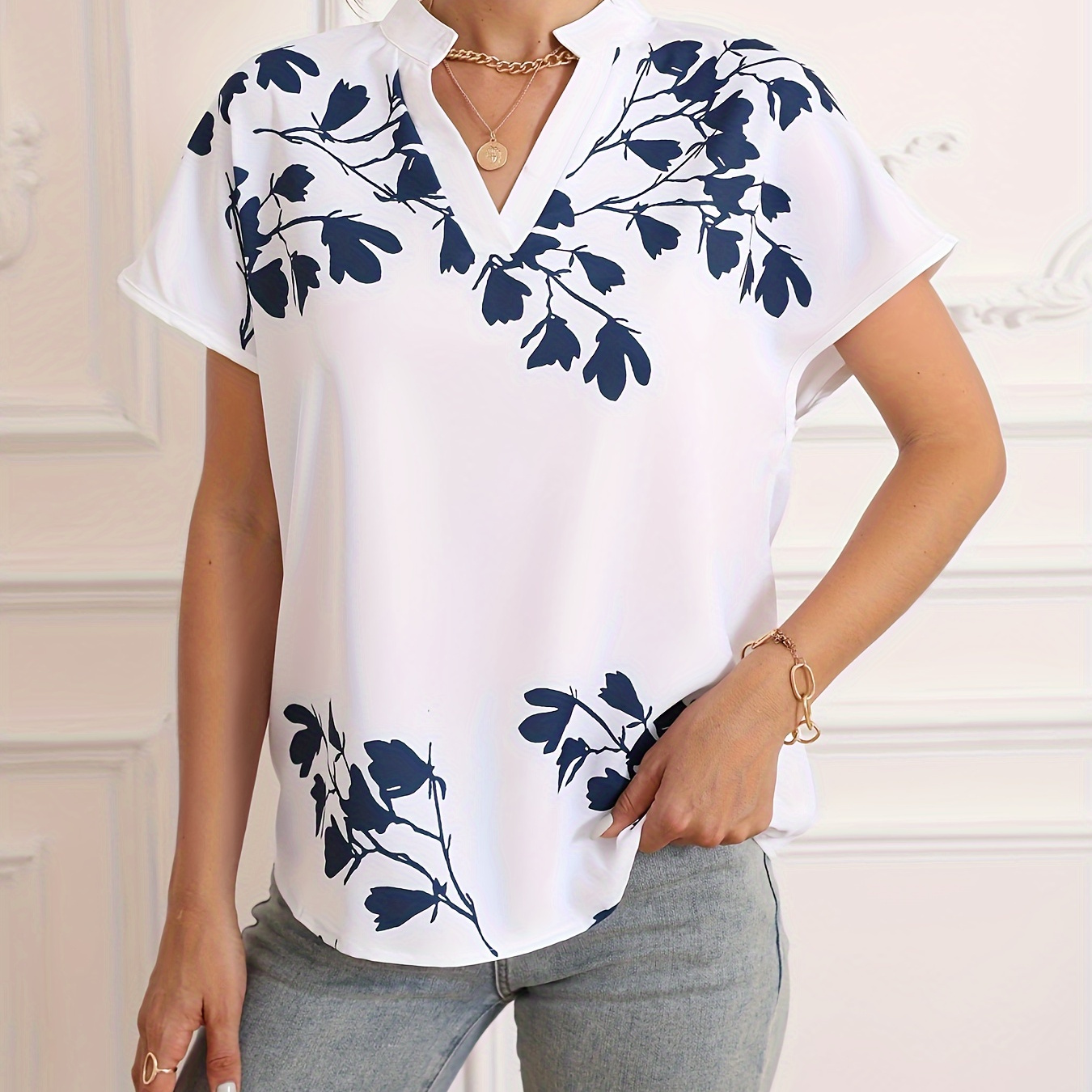 TEMU Floral Print V Neck Blouse, Boho Short Sleeve Top For Spring & Summer, Women's Clothing