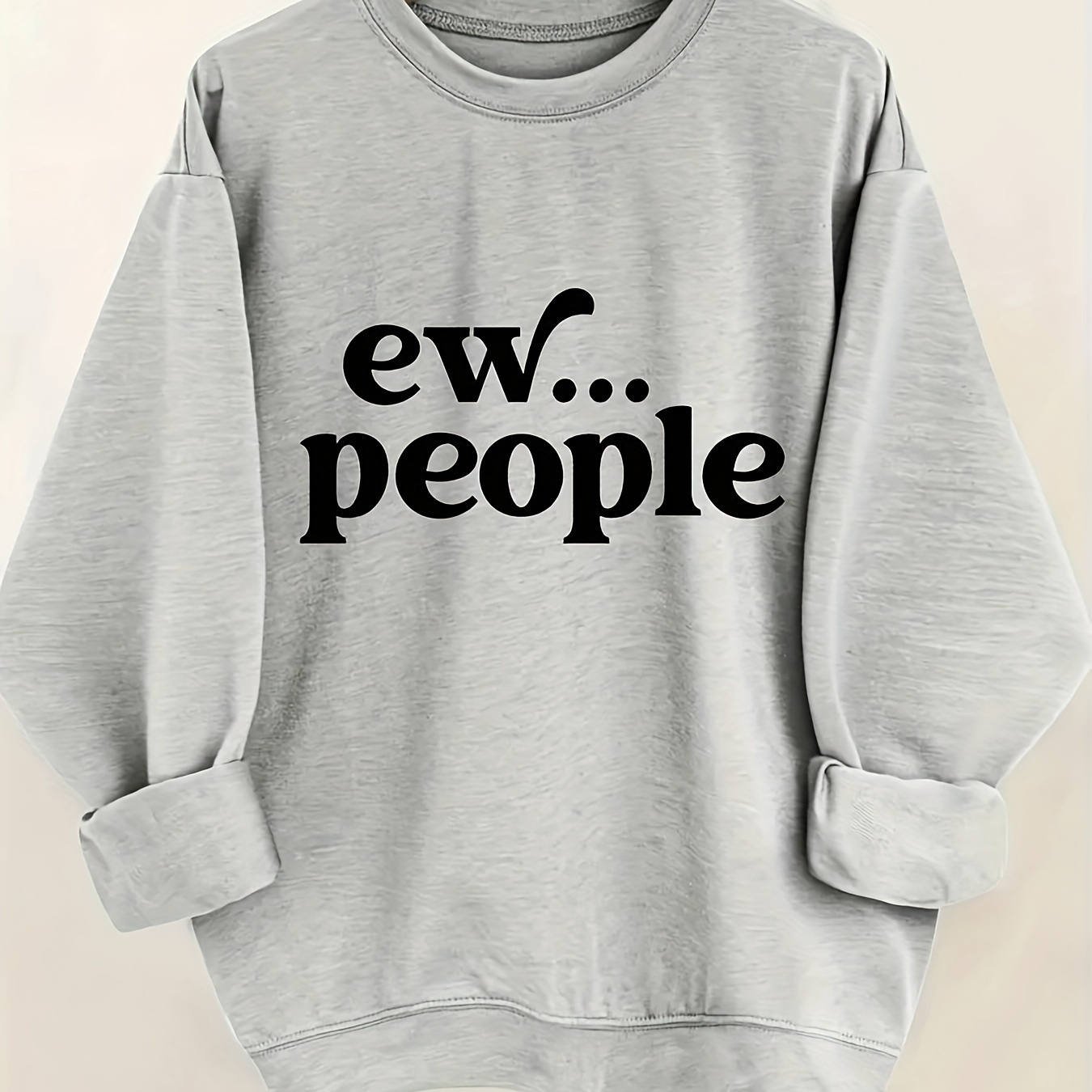 

Plus Size Casual Crew Neck Sweatshirt With "ew... People" Cartoon Print - 100% Polyester Slight Stretch Knit Fabric For Fall/winter