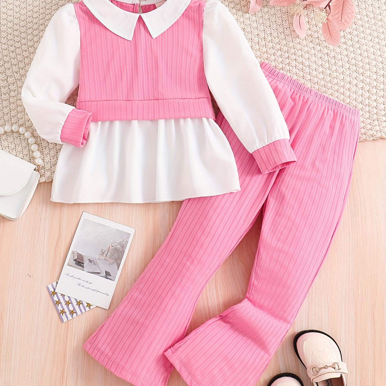 

Girl's Elegant Outfit 2pcs, Peplum Top & Solid Color Pants Set, Kid's Clothes For Spring Fall