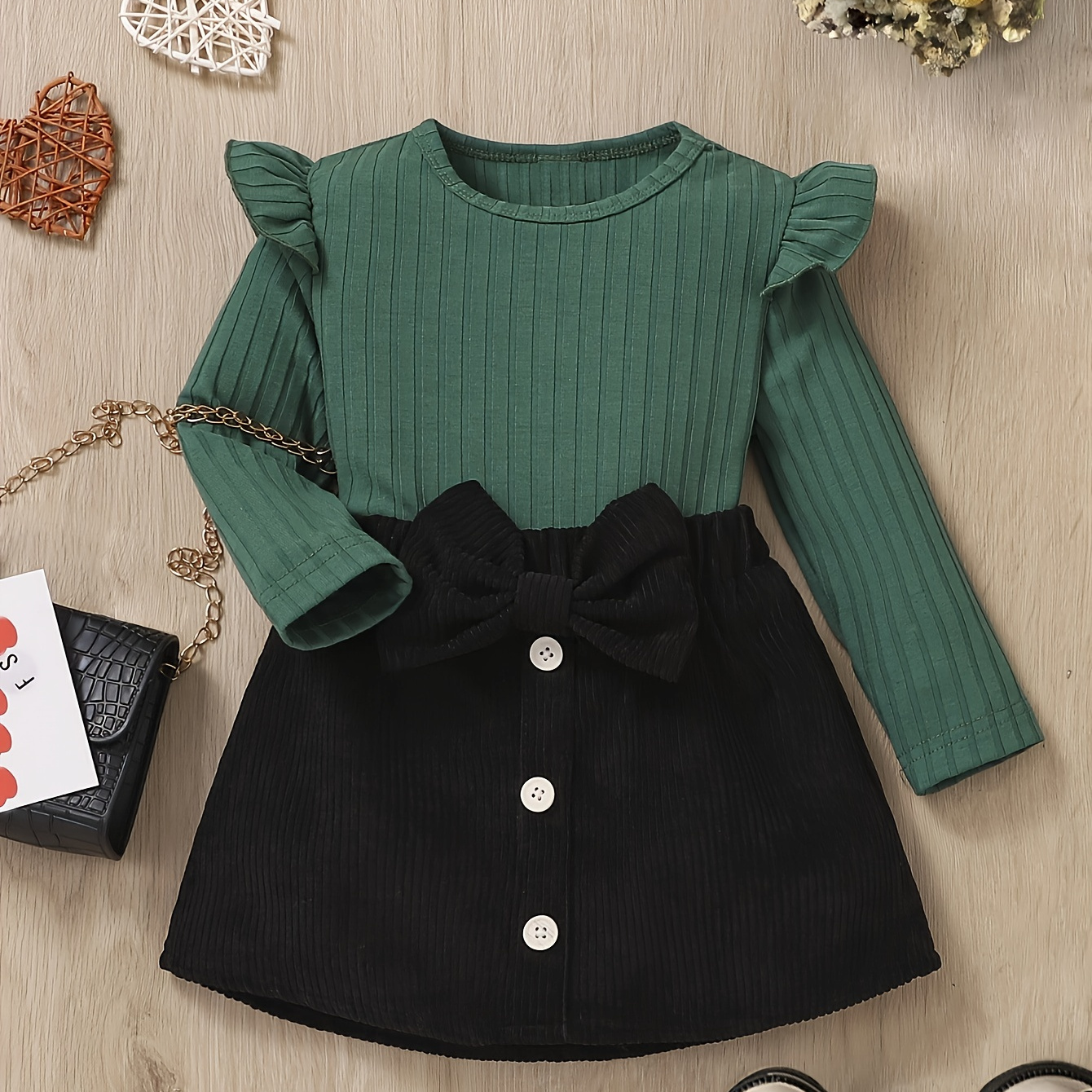 

Chic Fall/winter Baby Girl Outfit Set - Cozy Corduroy Skirt With Bow & Ribbed Top, Machine Washable