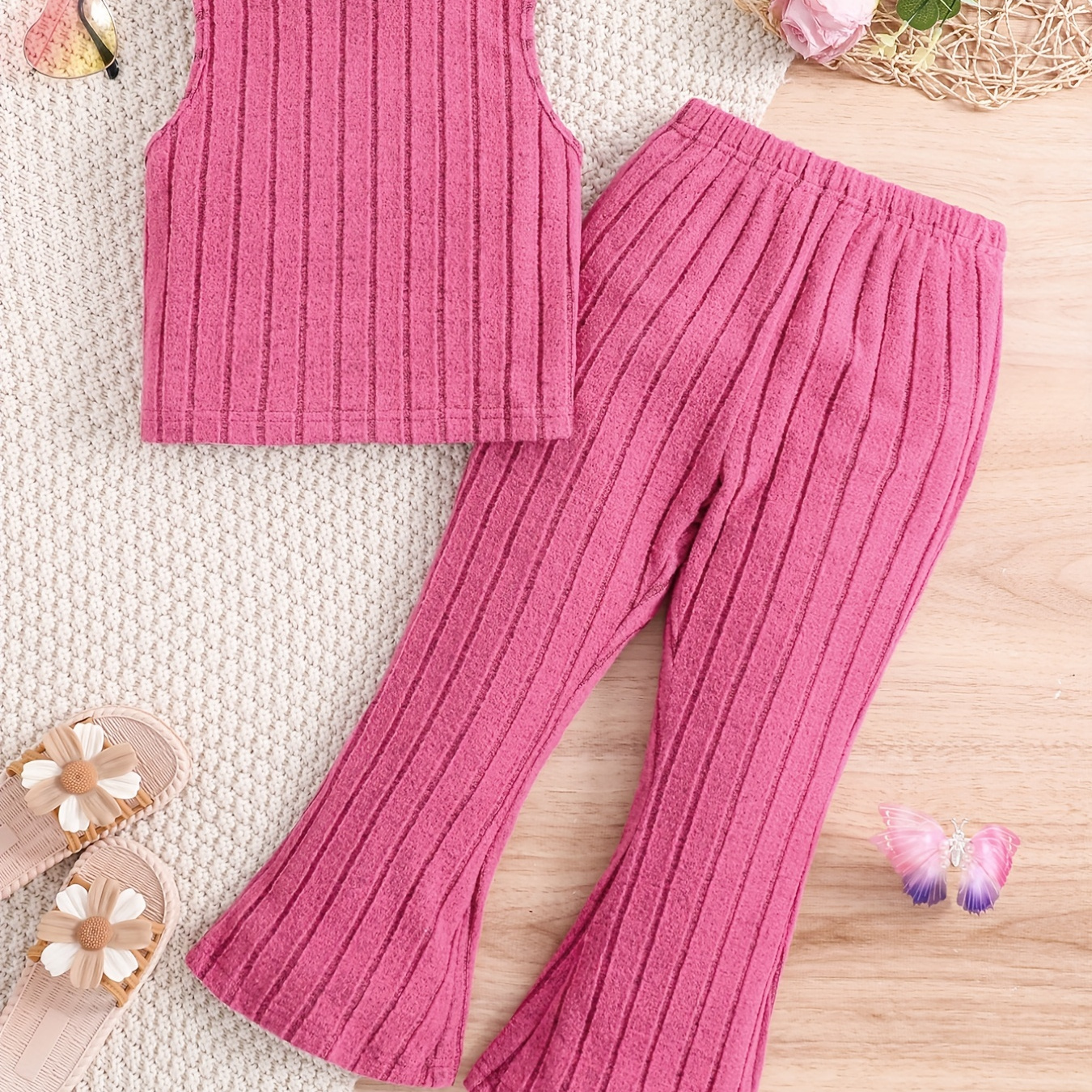 

Girls Casual Trendy Colorful Knit Sleeveless Tank Top & Flared Pants Set For Summer Holiday Party Kids Clothes