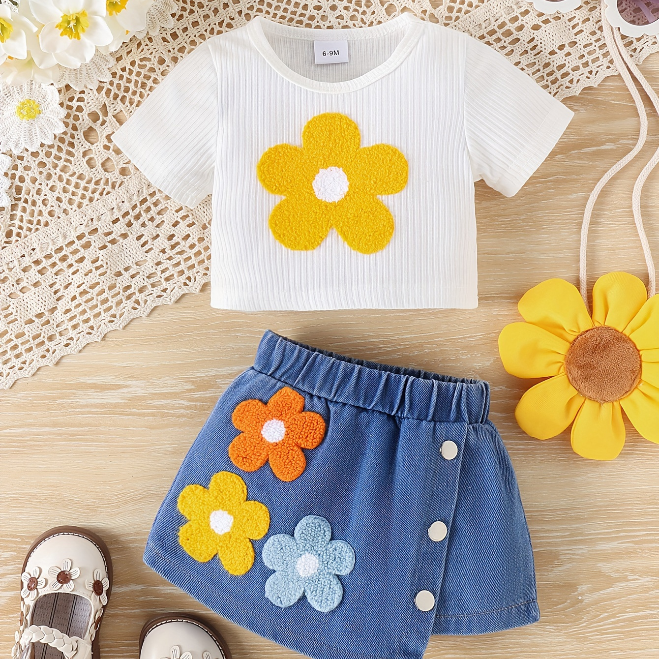 

2pcs Baby's Cartoon Flower Print T-shirt & Casual Denim Shorts, Toddler & Infant Girl's Clothing Set For Spring Summer