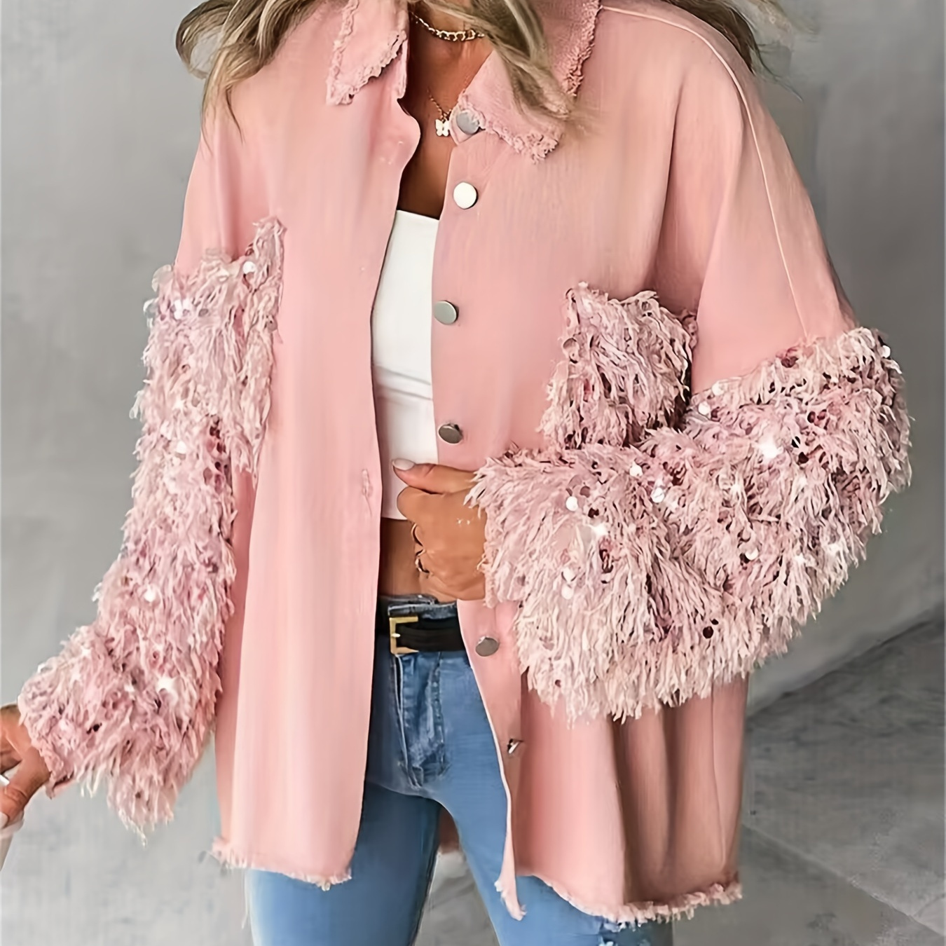 

Contrast Sequin Tassel Design Fuzzy Patchwork Shacket